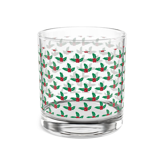 Holly Pattern Rocks Glass, Holiday Barware, Christmas Gifts, Festive Drinkware, Home Decor
