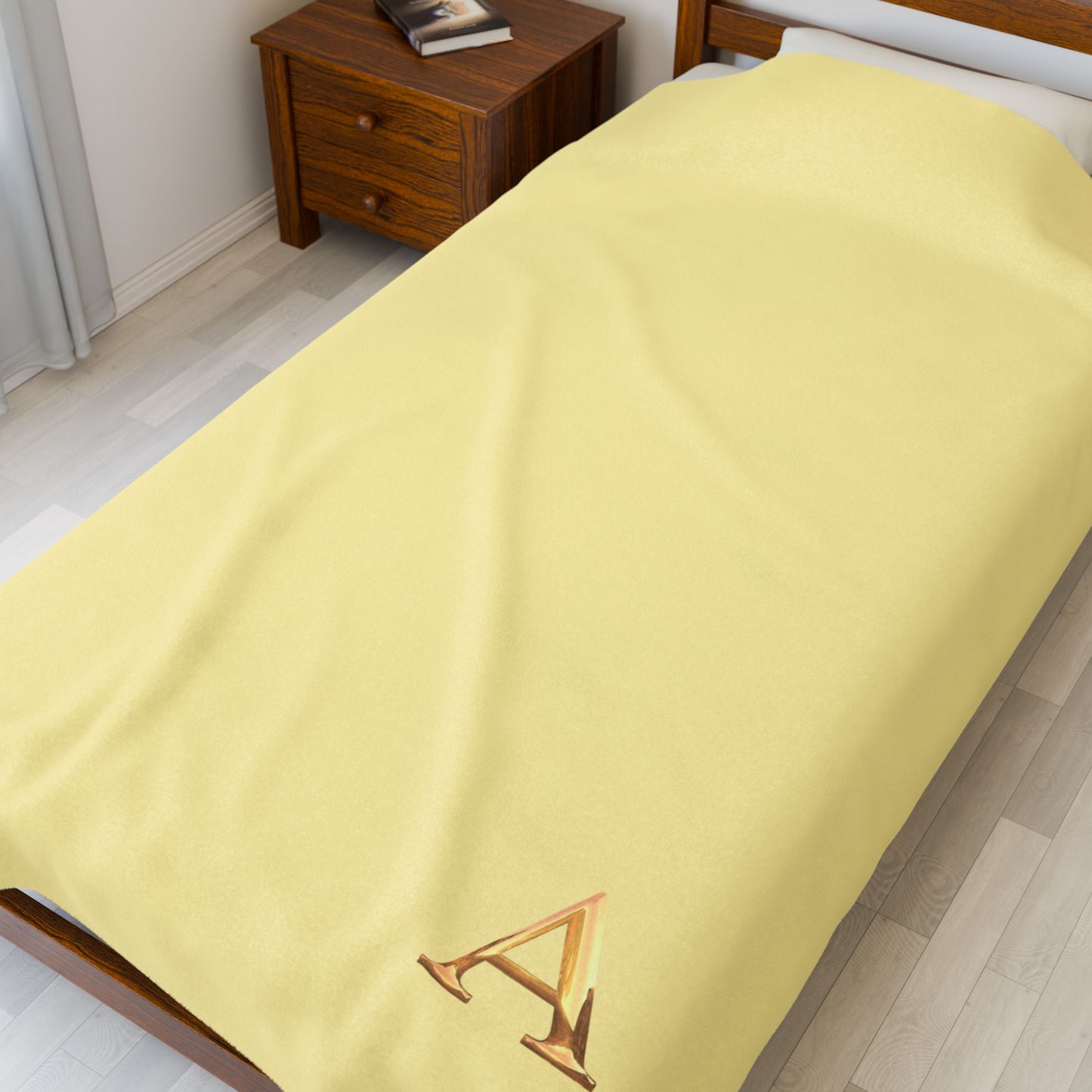 Cozy Velveteen Plush Blanket - Soft Yellow and White Letter A