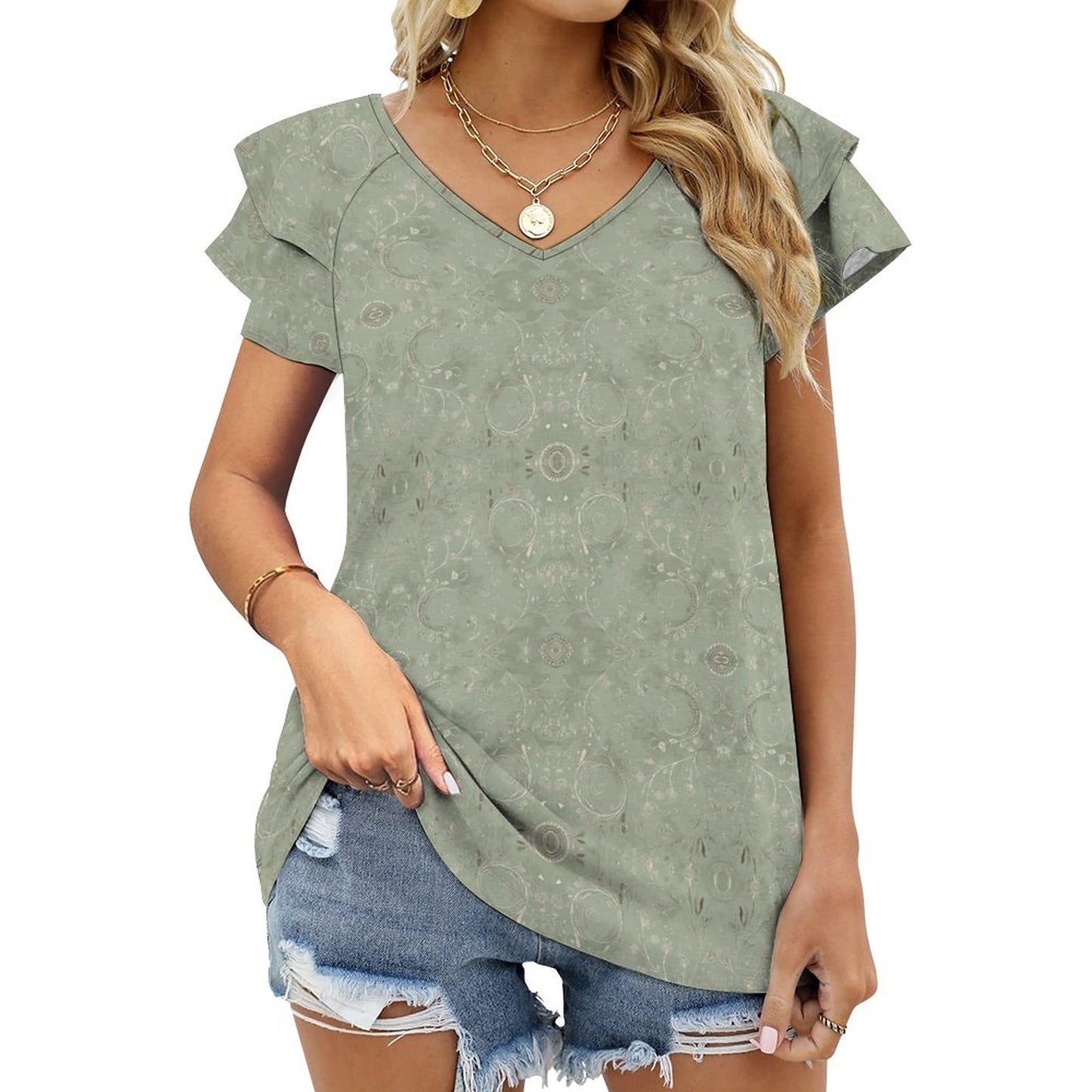 Cooling Polyester Ruffle V-Neck T-Shirt