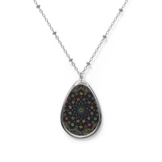 Vibrant Boho Oval Necklace, Colorful Floral Pendant