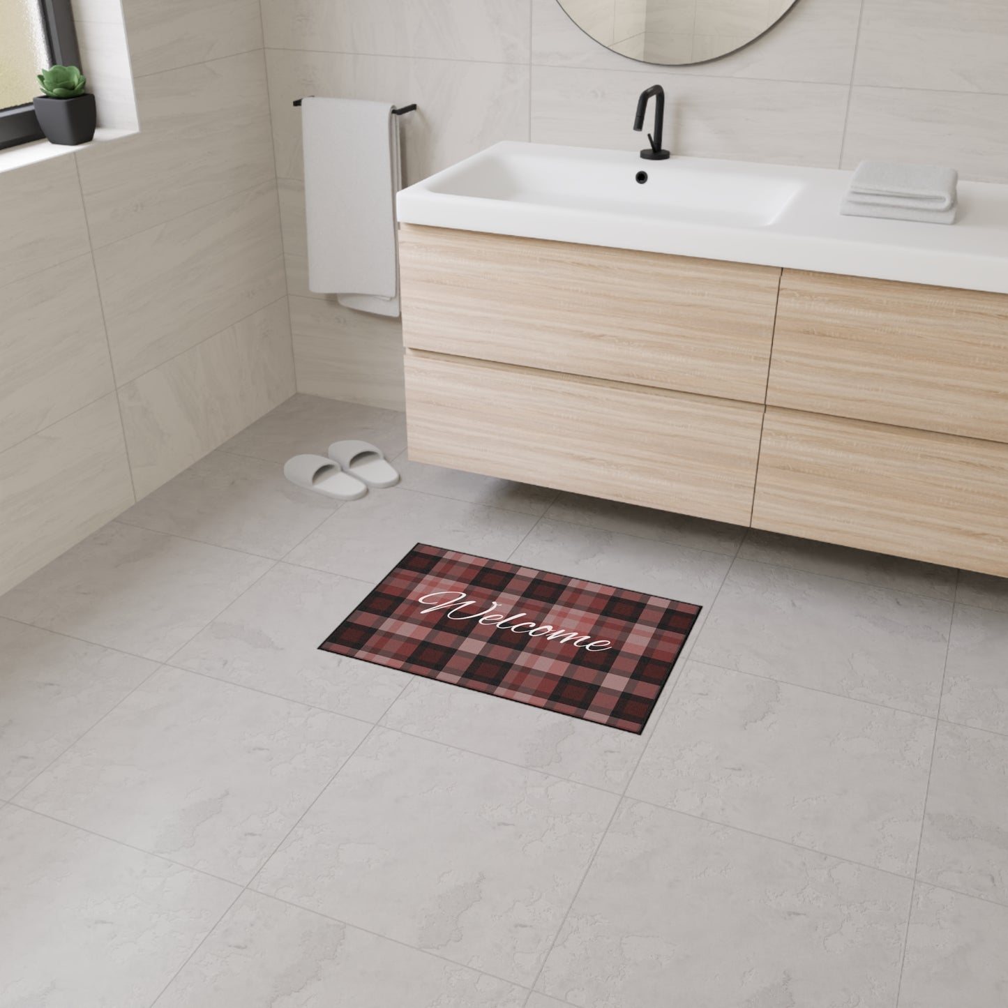 Welcome Plaid Heavy-Duty Floor Mat — Red Buffalo Check Doormat
