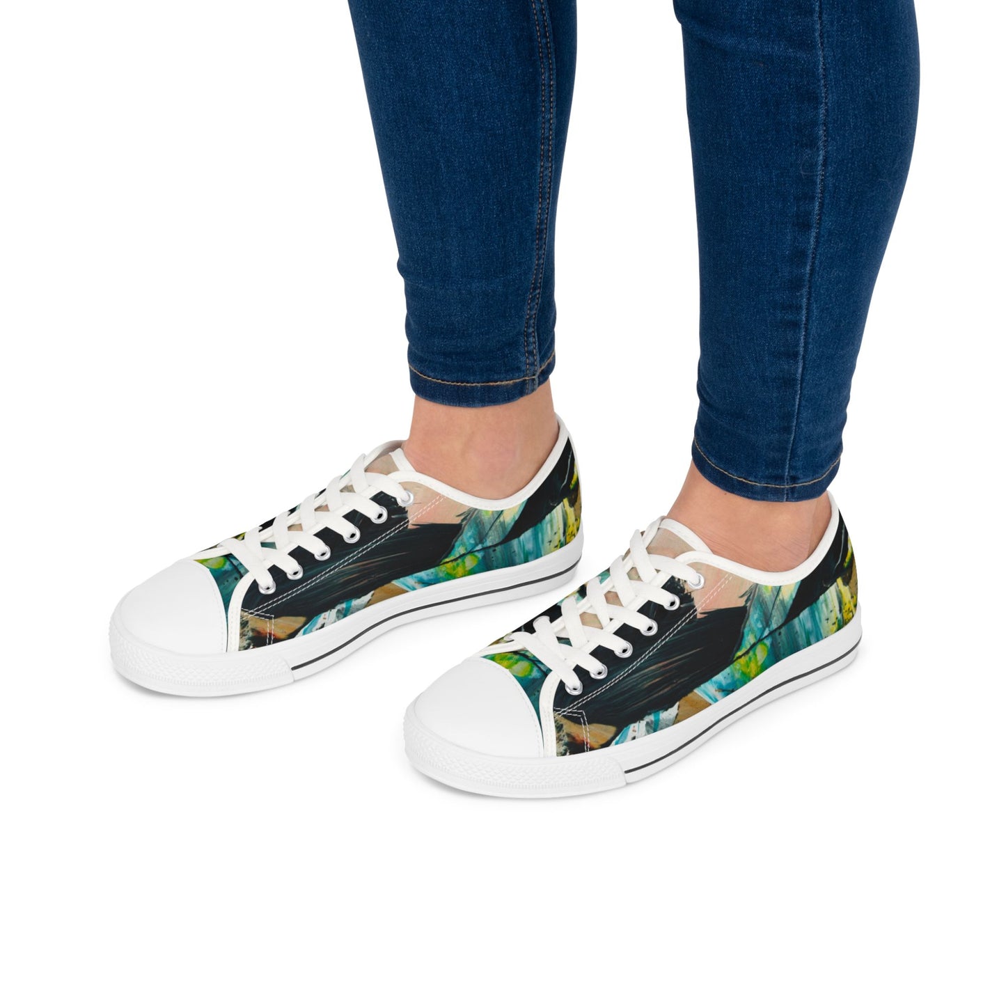 Low Top Sneakers — Abstract Teal & Yellow Brushstroke Canvas Shoes