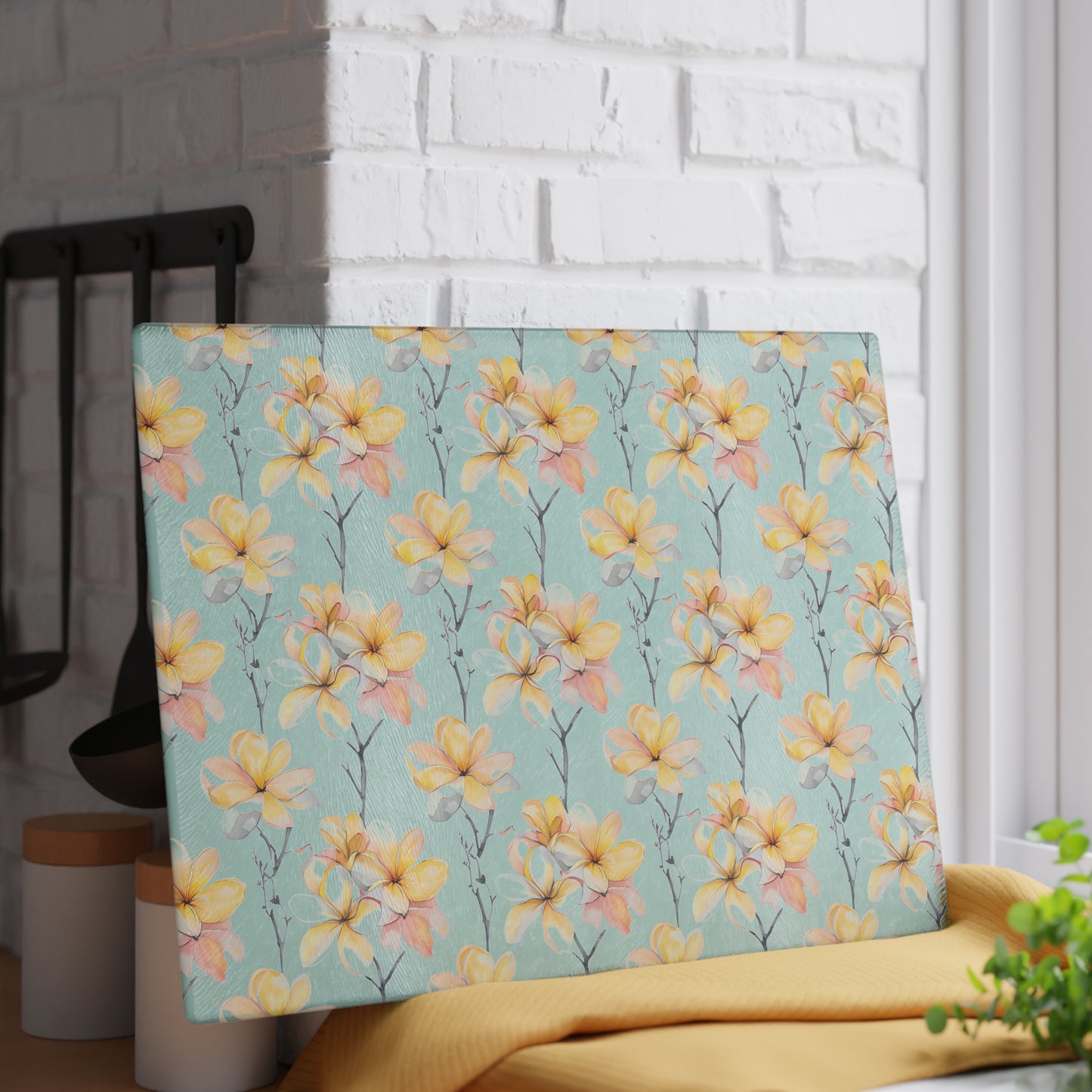 Floral Magnolia Glass Cutting Board — Pastel Yellow Blossom Kitchen Decor
