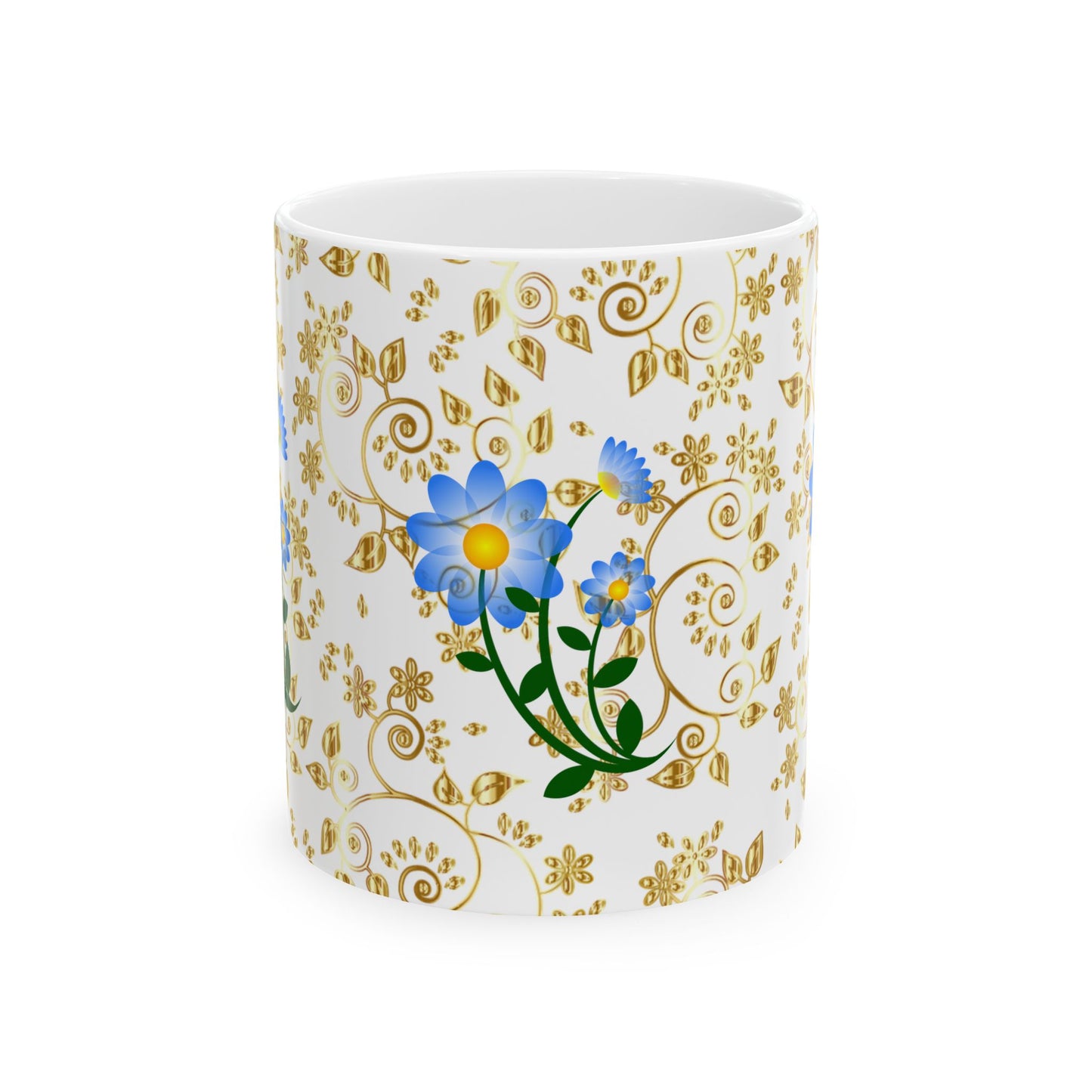 Elegant Floral Ceramic Mug Gold and blue