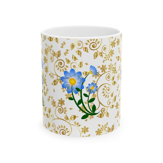 Elegant Floral Ceramic Mug Gold and blue