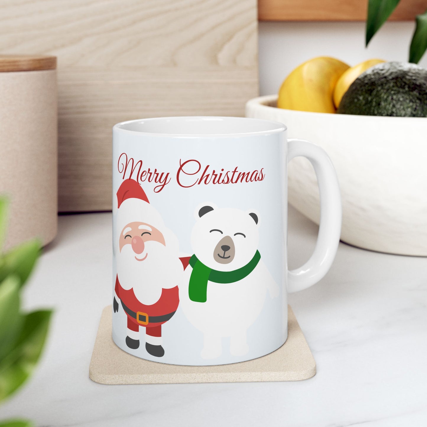 Christmas Santa & Polar Bear Ceramic Mug (11oz/15oz) — "Merry Christmas" Holiday Coffee Cup