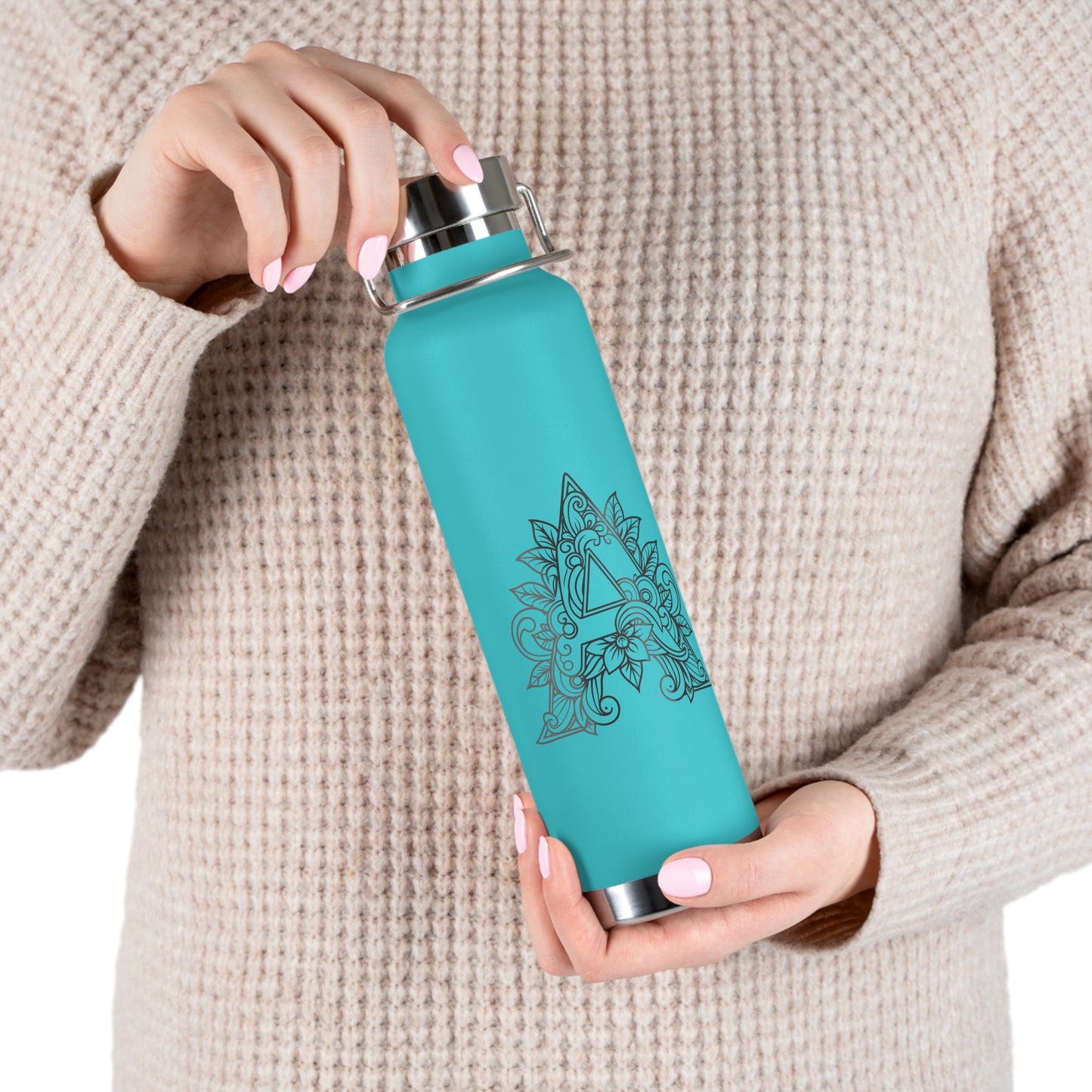 Boho Art Cold Drink Tumbler- Letter A, Personalized Water Bottle, Yoga Gift, Stylish Insulated Flask