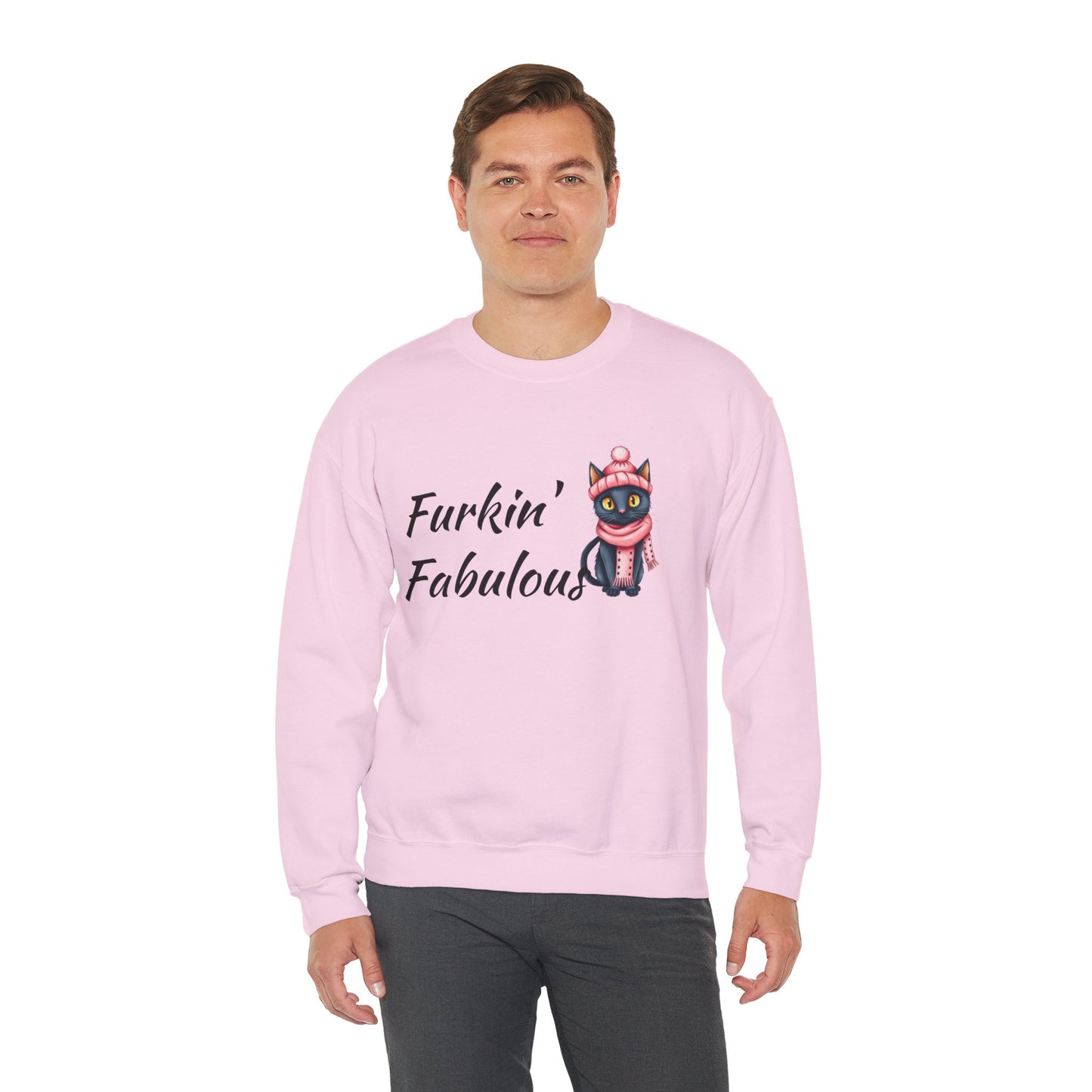 Crewneck Sweatshirt — "Furkin' Fabulous" Cute Black Cat in Pink Hat & Scarf