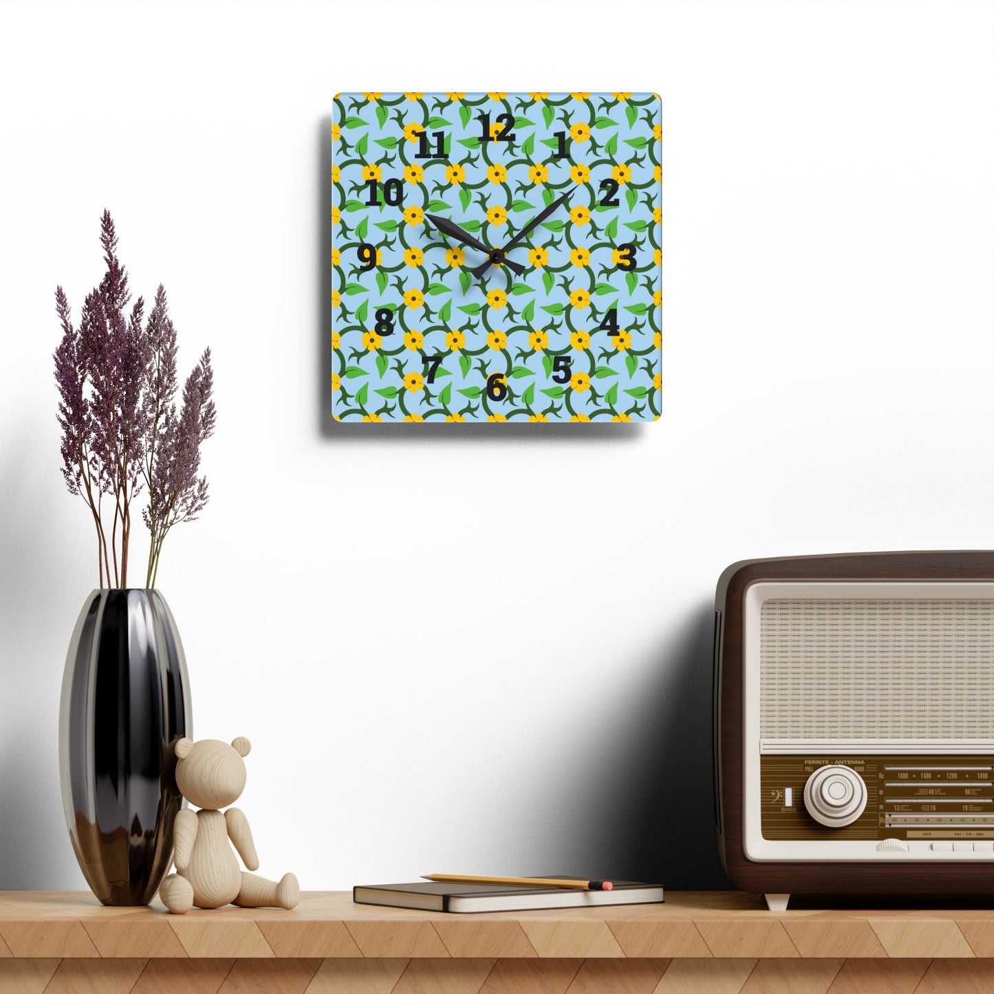 Vibrant Floral Acrylic Wall Clock, Modern Home Decor, Kitchen Wall Art