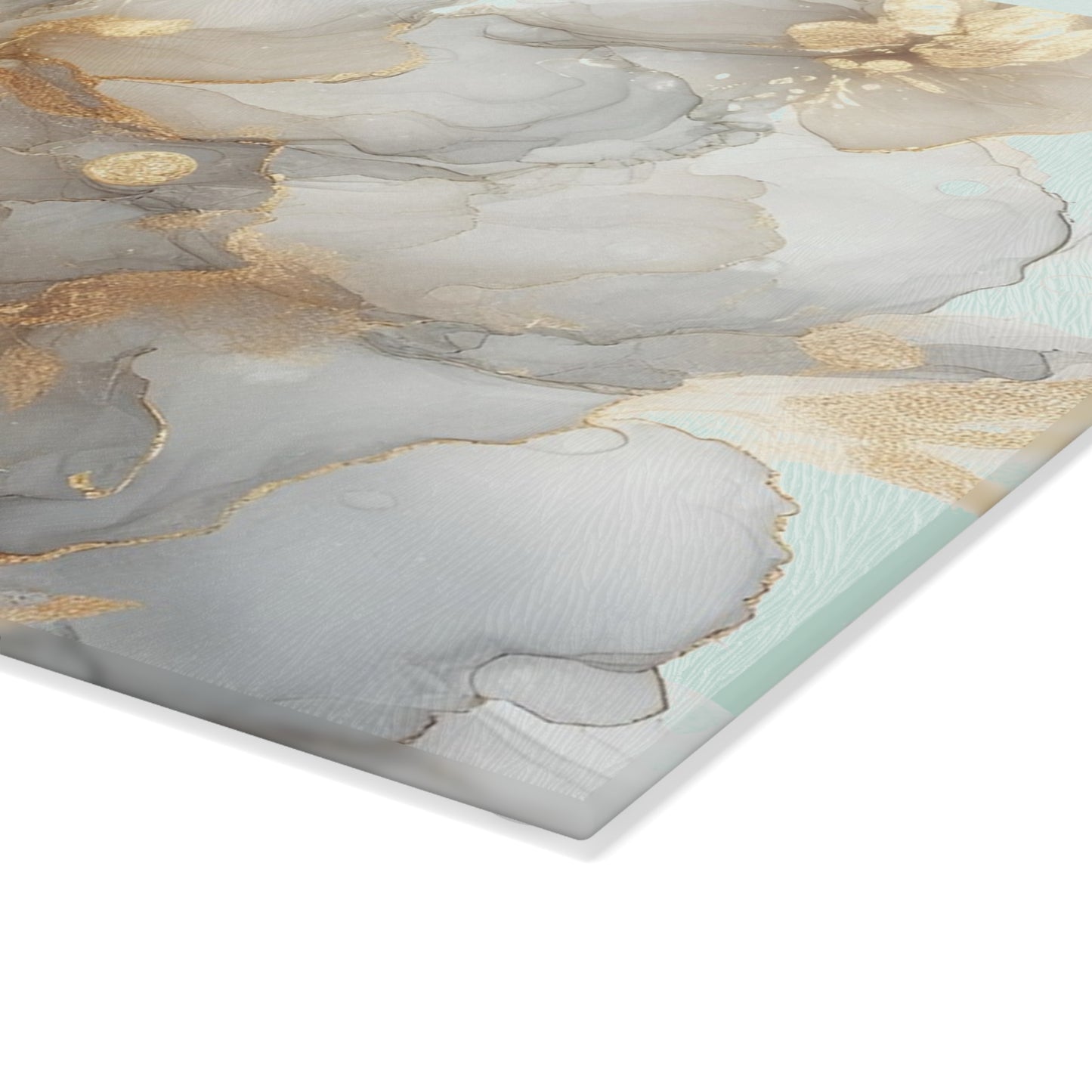 Glass Cutting Board - Elegant Gold & Mint Abstract Floral Tempered Glass Chopping Board