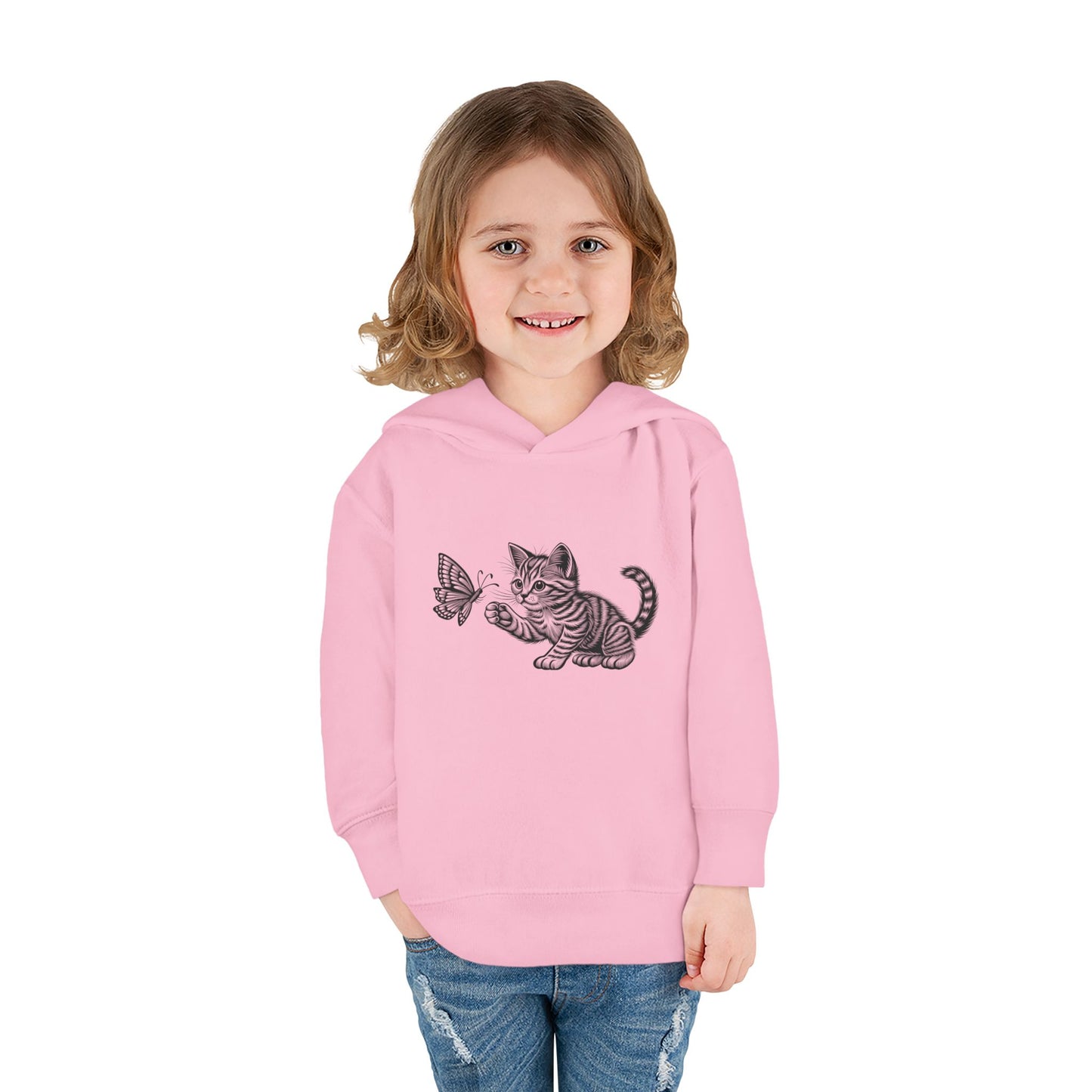 Cute Cat and Butterfly Toddler Hoodie, Toddler Pullover, Kids Fleece Hoodie, Animal Lover Gift, Playtime Pullover
