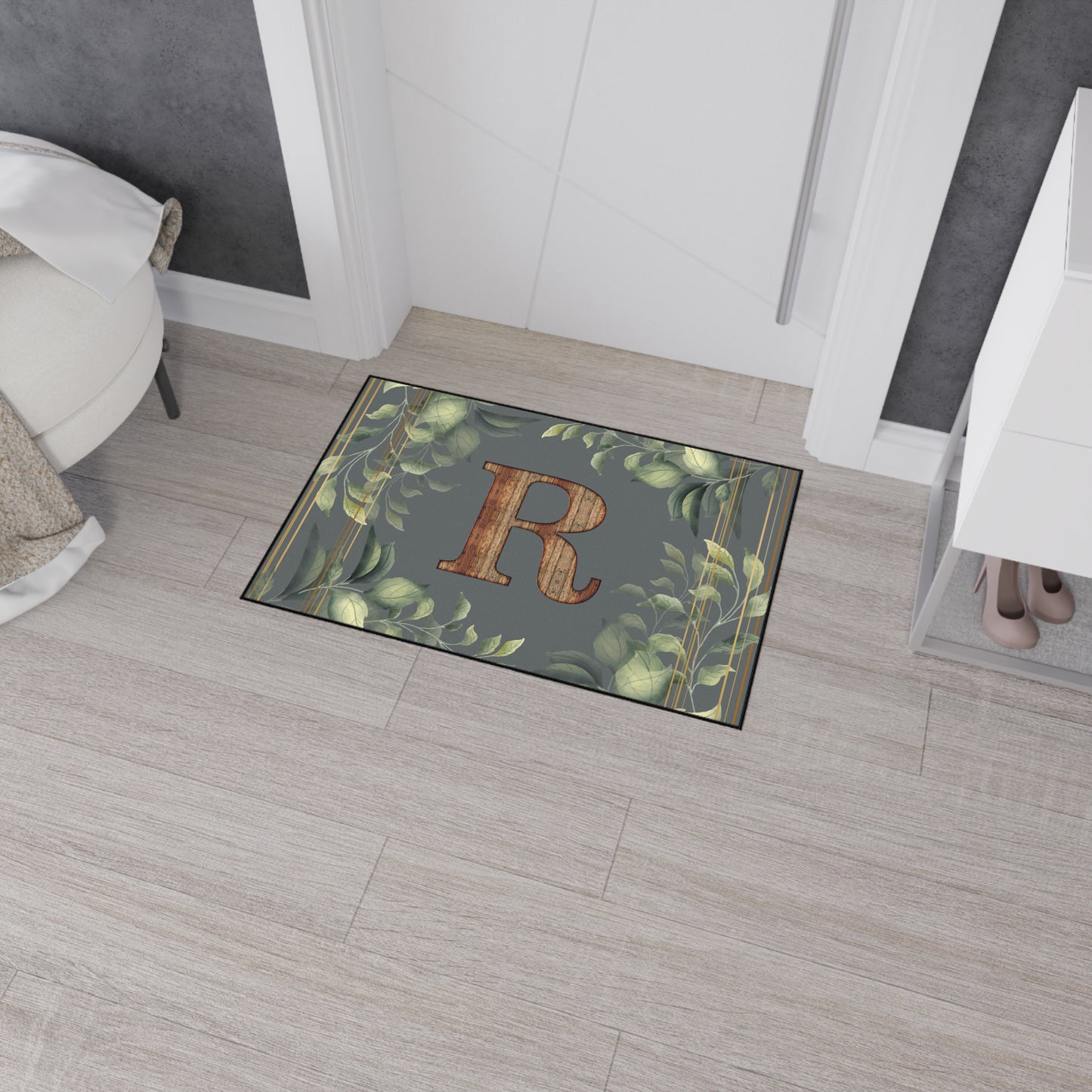 Personalized Monogram Floor Mat - Rustic Wood 'R' with Greenery Welcome Rug - Letter R