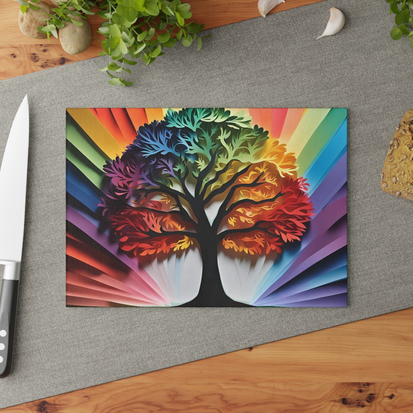 Vibrant Tree Glass Cutting Board, Colorful Kitchen Decor, Unique Wedding Gift, Housewarming Essential, Eco-Friendly Home Item