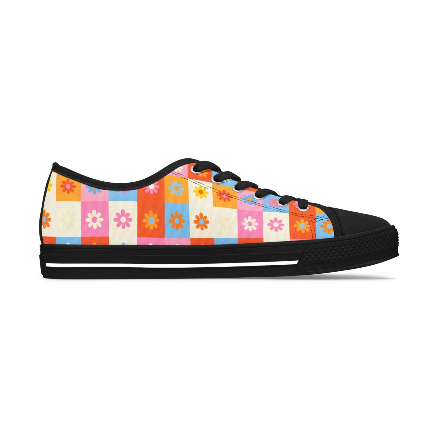 Floral Checkered Low Top Sneakers — Retro 60s-Inspired Casual Shoes