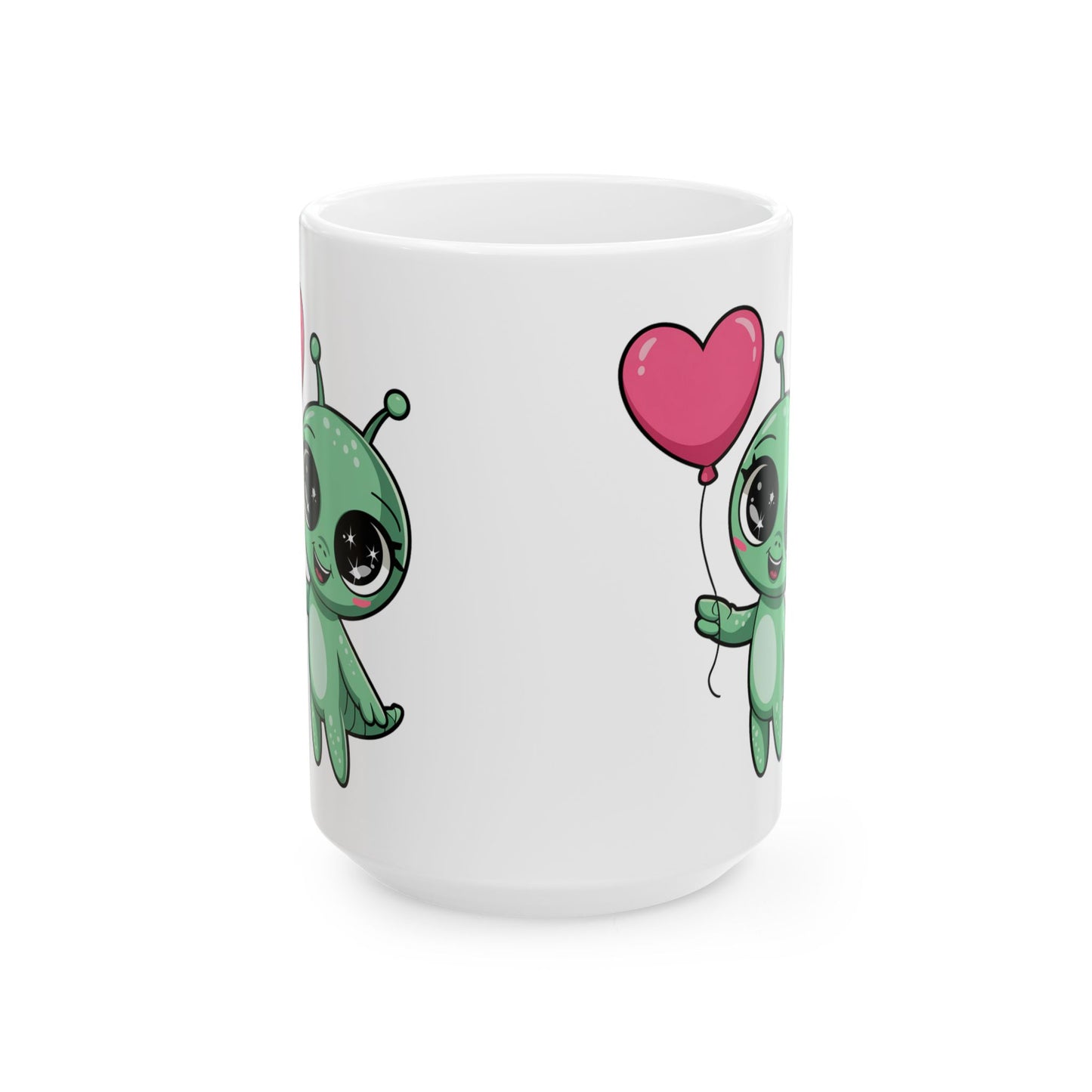 Cute Alien Holding Heart Balloon Ceramic Mug — 11oz & 15oz Gift Mug