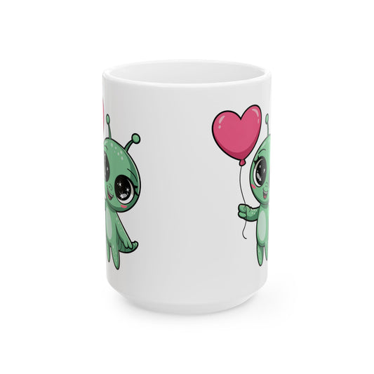 Cute Alien Holding Heart Balloon Ceramic Mug — 11oz & 15oz Gift Mug