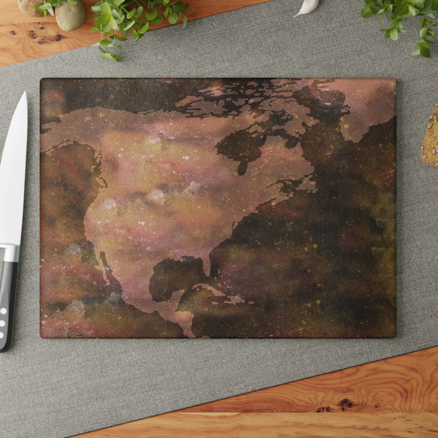 World Map Glass Cutting Board – Vintage Earthtone Kitchen Cutting Board