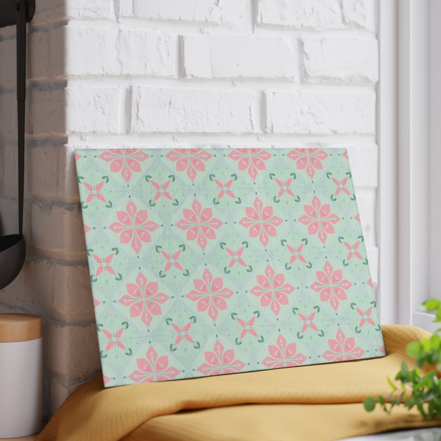 Glass Cutting Board – Pastel Pink & Mint Tile Pattern Kitchen Board