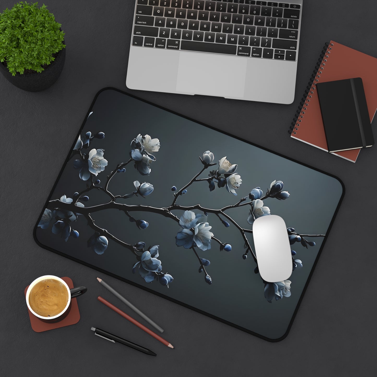 Floral Branch Desk Mat — Dark Blue Cherry Blossom Mouse Pad