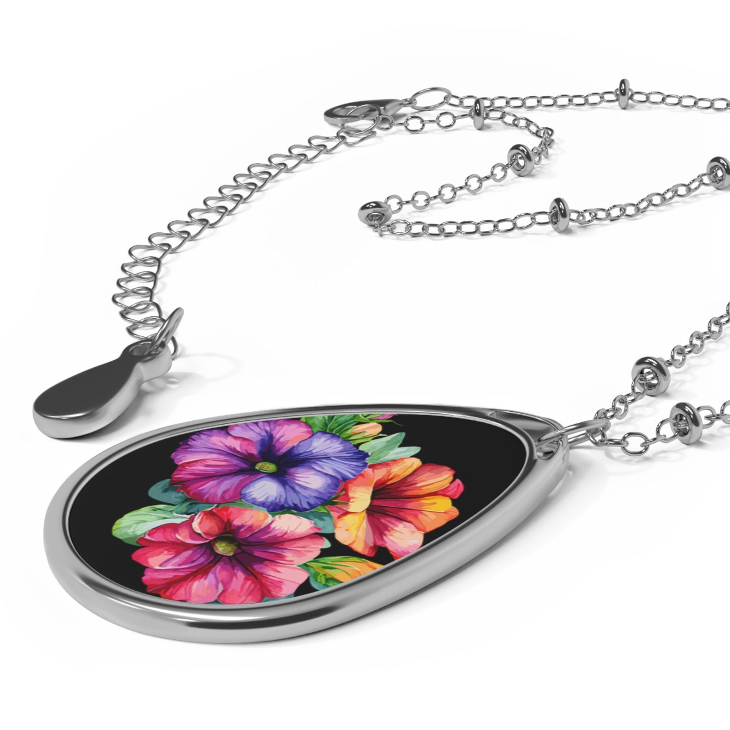 Floral Oval Necklace, Elegant Flower Pendant, Botanical Jewelry, Gift for Her, Nature-Inspired Necklace, Birthday Gift Idea
