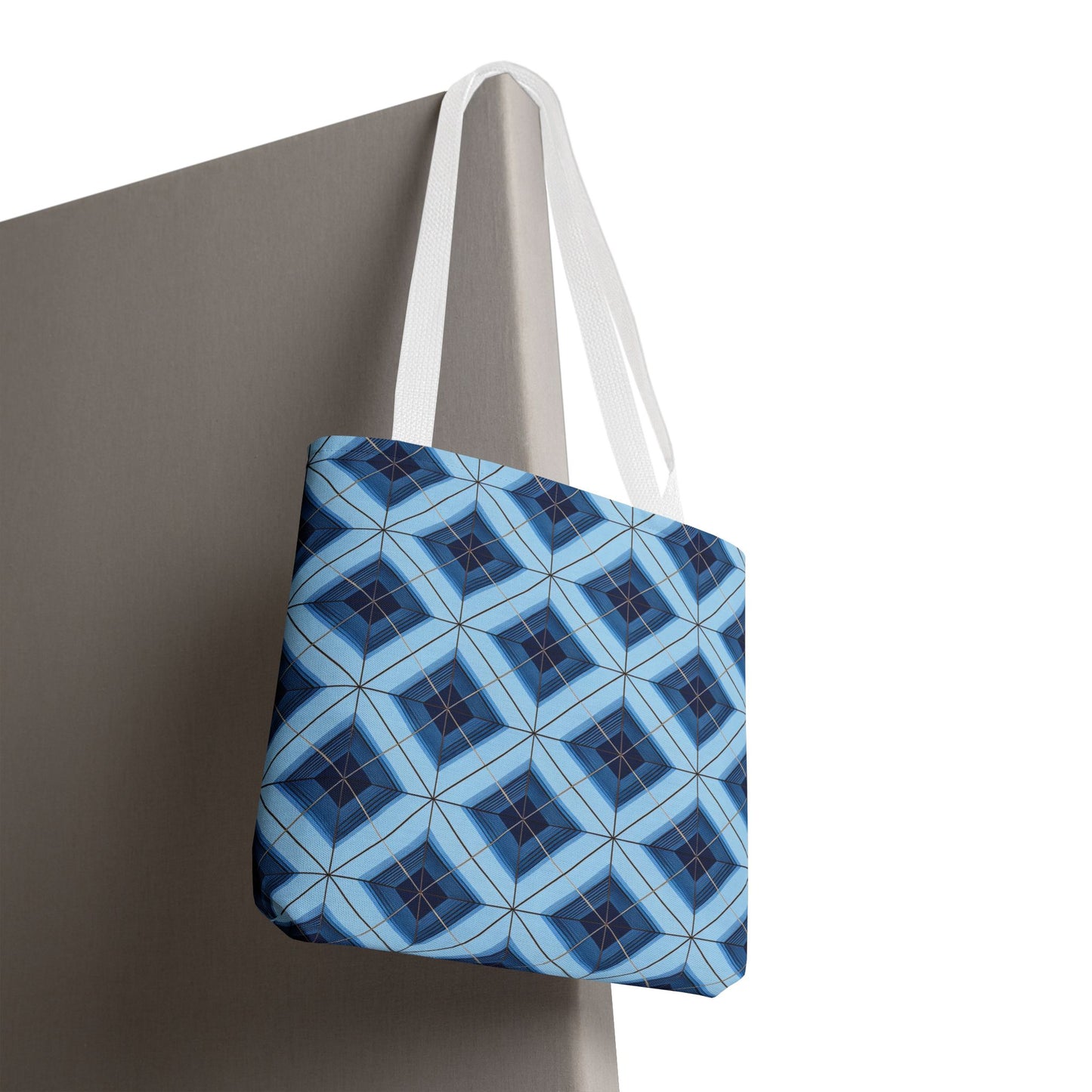 Blue Geometric Tote Bag — Repeating Diamond Pattern AOP