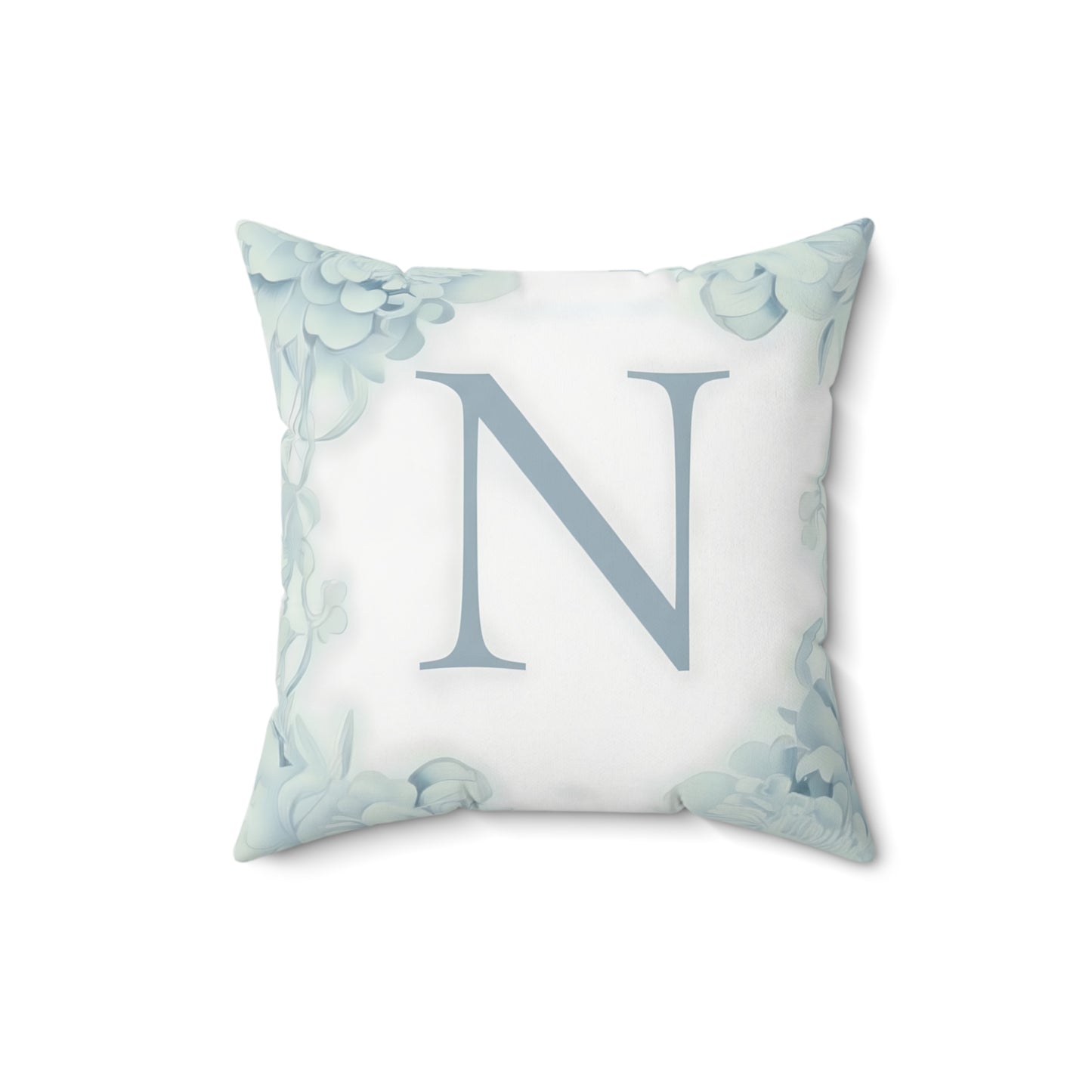 Monogram N Floral Throw Pillow — Soft Blue Initial Decorative Accent