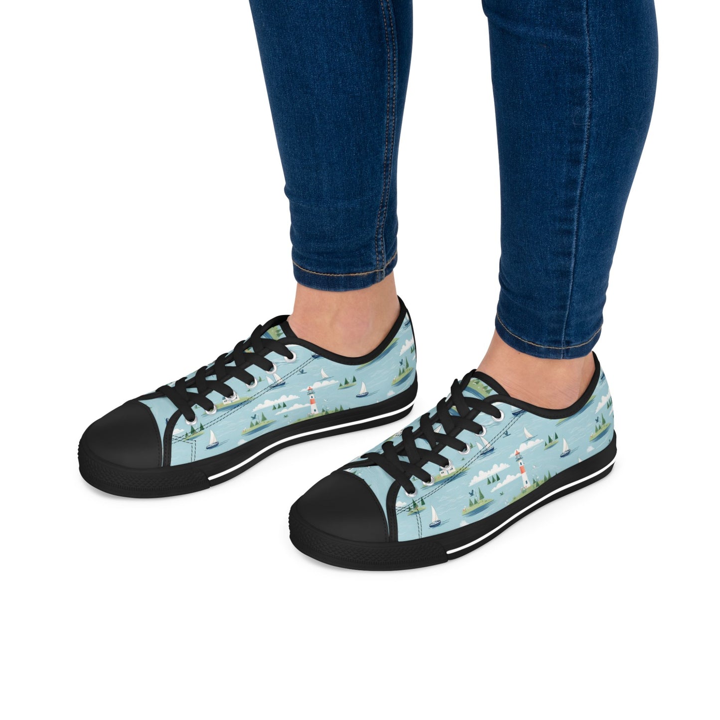 Low Top Sneakers — Nautical Lighthouse Pattern, Cute Coastal Women’s Casual Shoes