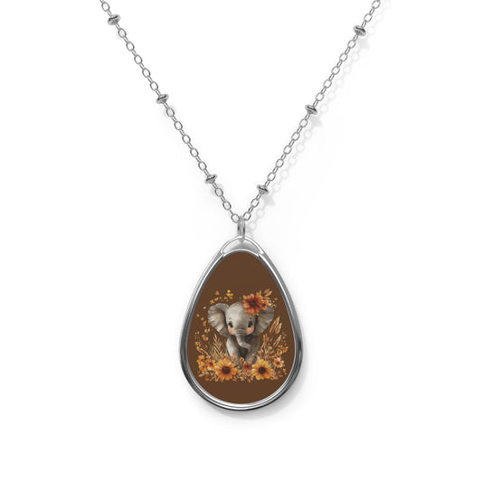 Elephant Floral Oval Necklace - Nature Jewelry, Gift for Animal Lovers, Birthday, Mother's Day, Nature Enthusiasts