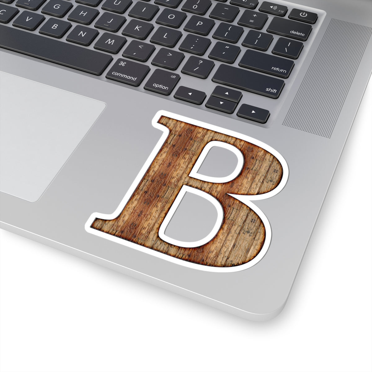 Woodgrain Letter B Kiss-Cut Sticker — Rustic Monogram Decal for Laptops, Water Bottles & Gifts