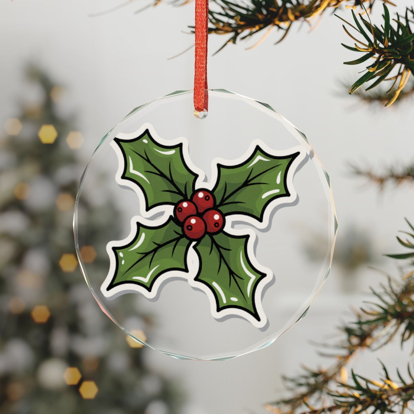 Crystal Glass Ornament — Festive Holly & Berries Christmas Tree Decoration