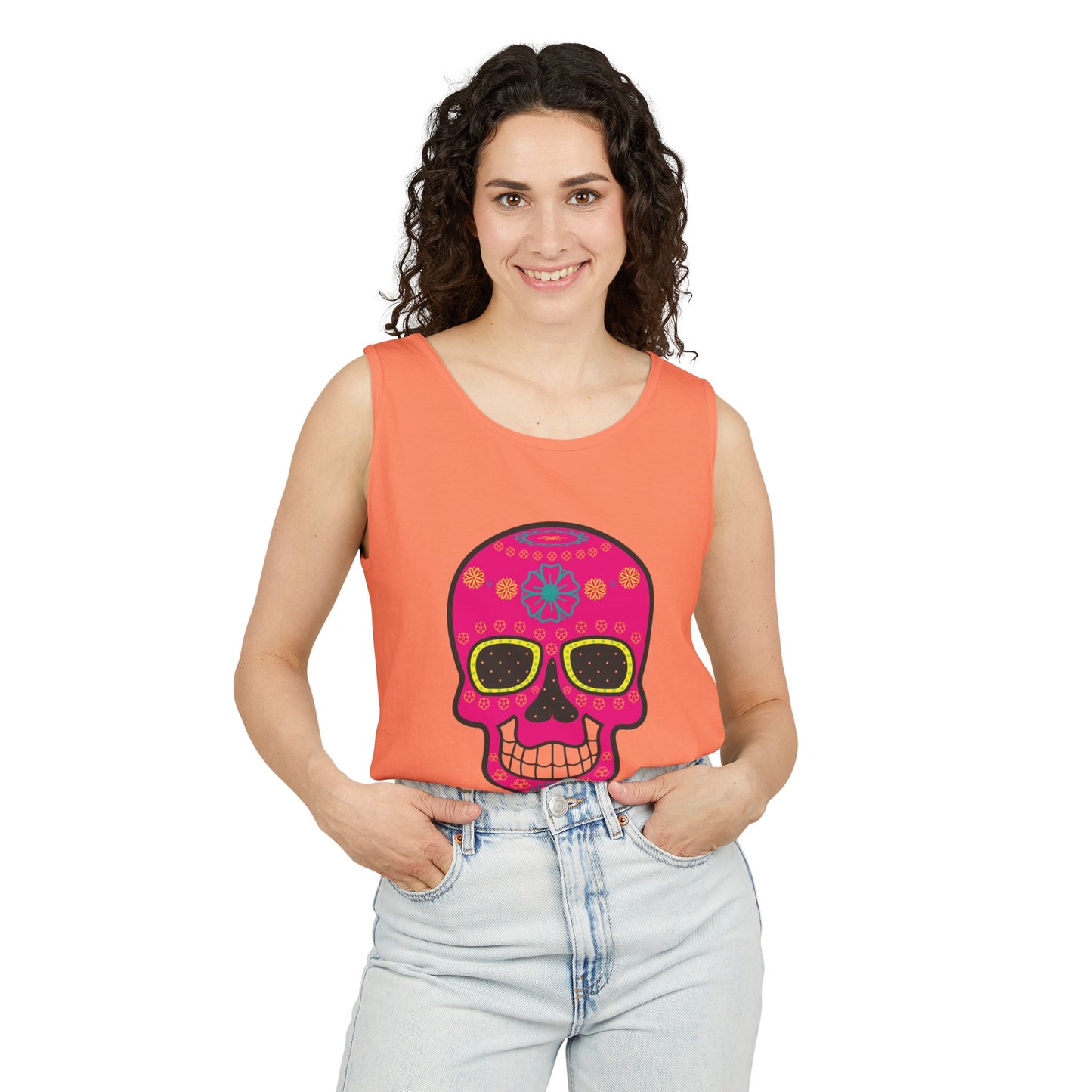 Colorful Dia de los Muertos Skull Tank Top, Unisex Summer Tee, Festival Wear
