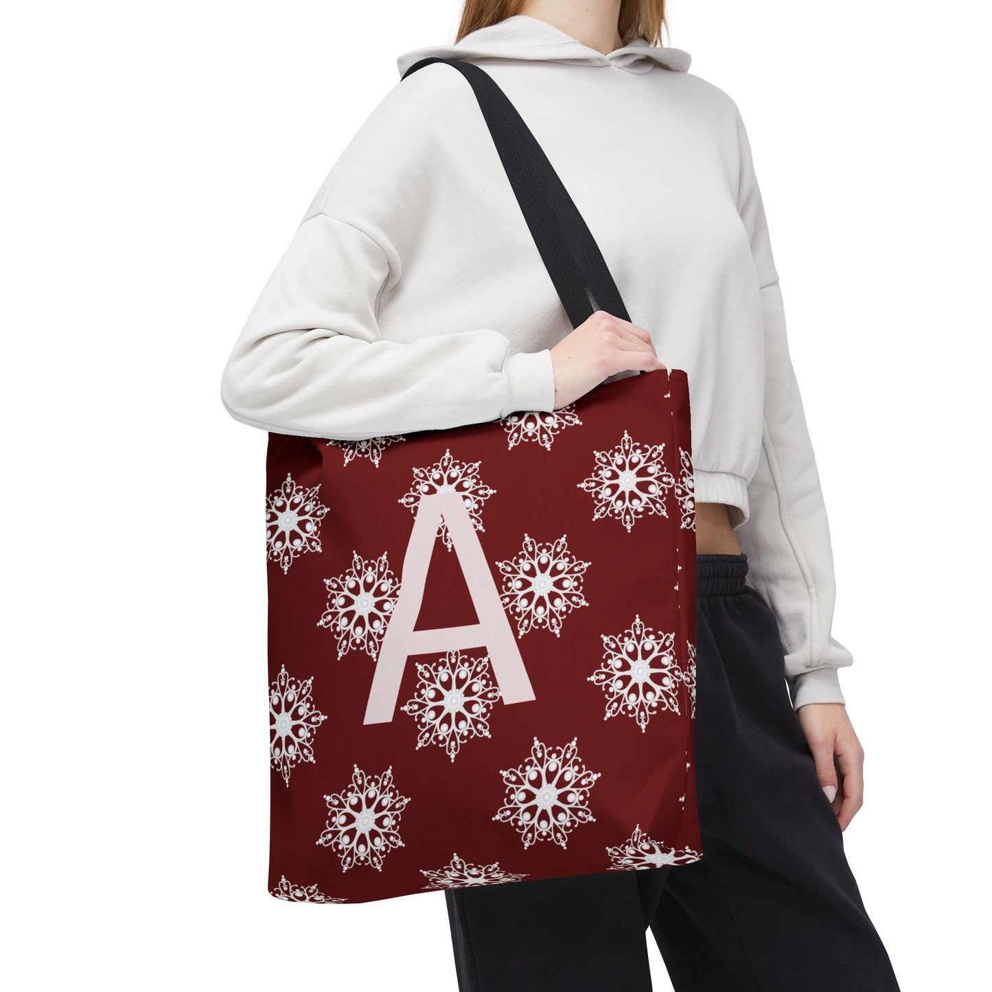 Monogram A Snowflake Tote Bag — Personalized Holiday AOP Tote