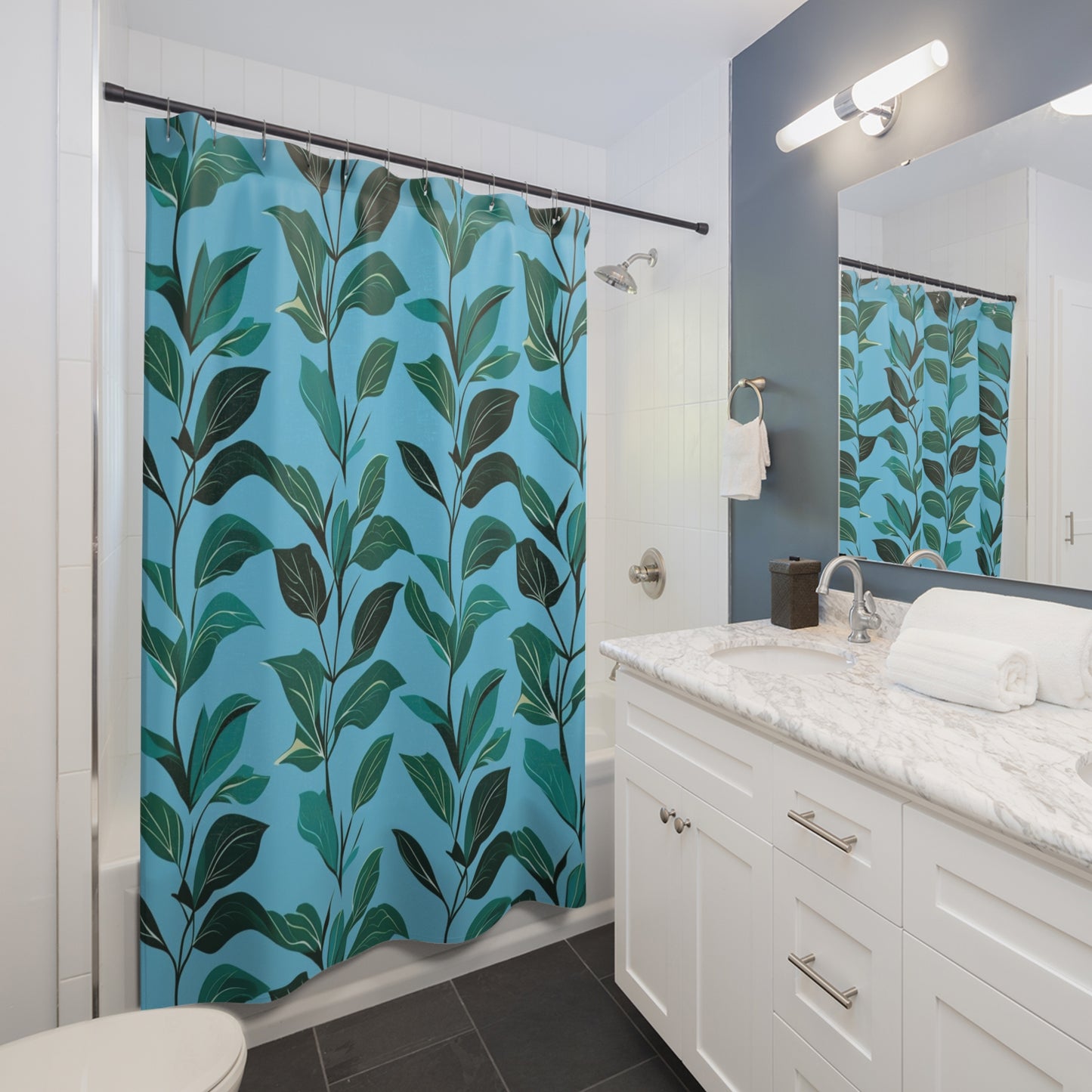 Botanical Leaf Shower Curtain — Teal Green Foliage Pattern for Modern Bathroom