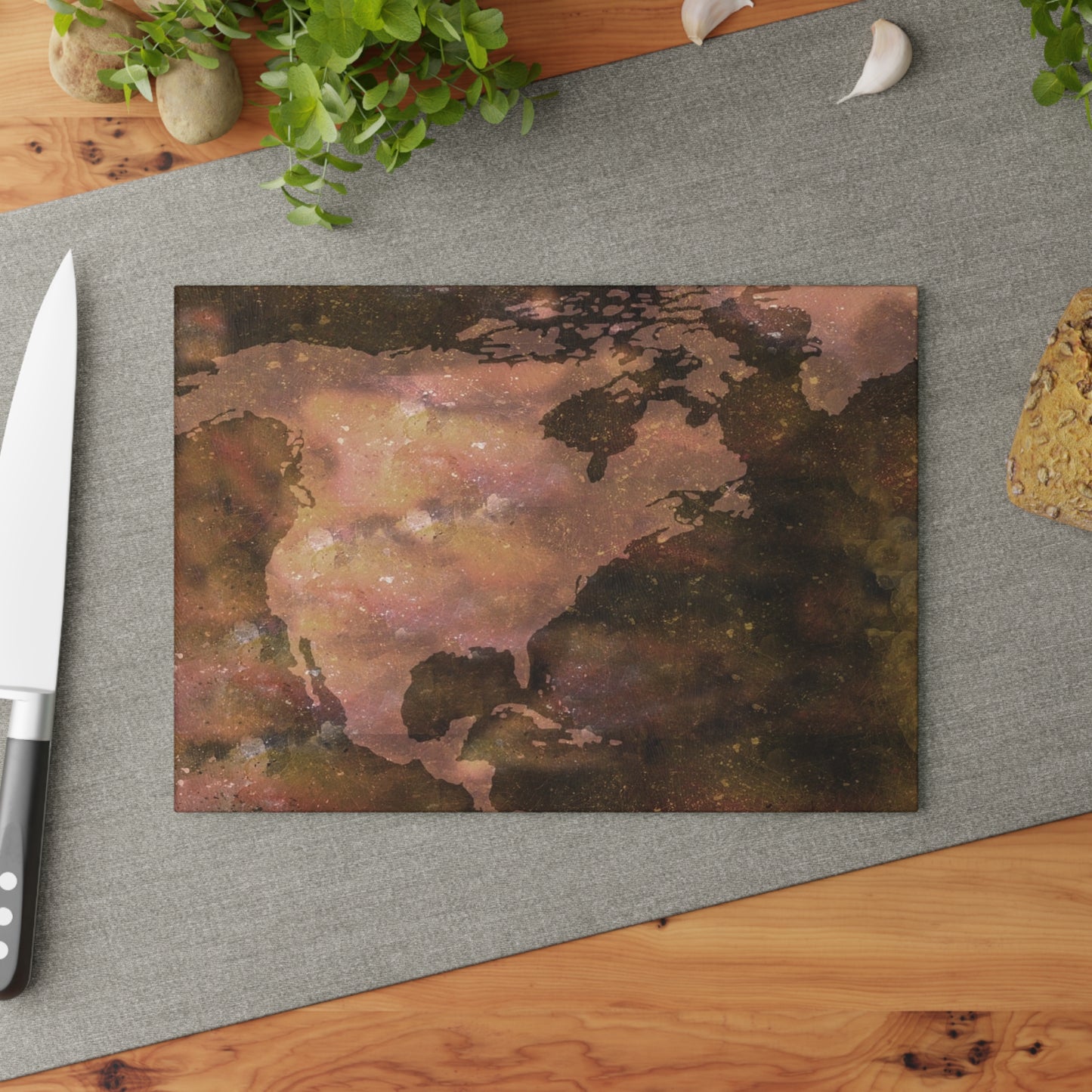 World Map Glass Cutting Board – Vintage Earthtone Kitchen Cutting Board
