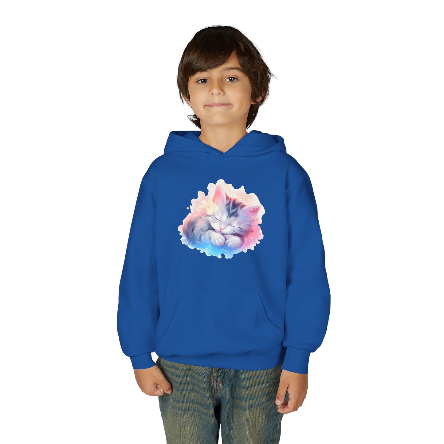 Kids' Cozy Rainbow Kitten Hoodie — Cute Sleeping Cat Youth Sweatshirt