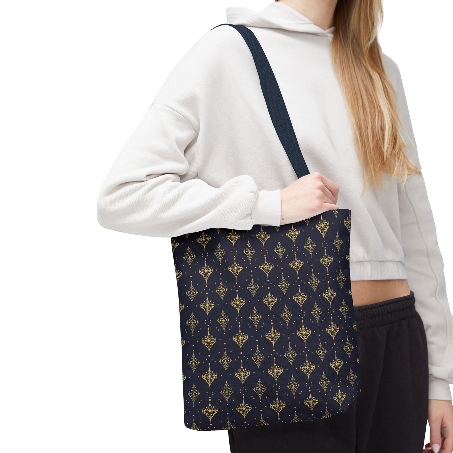 Navy & Gold Art Deco Tote Bag — Elegant Geometric Pattern All-Over Print