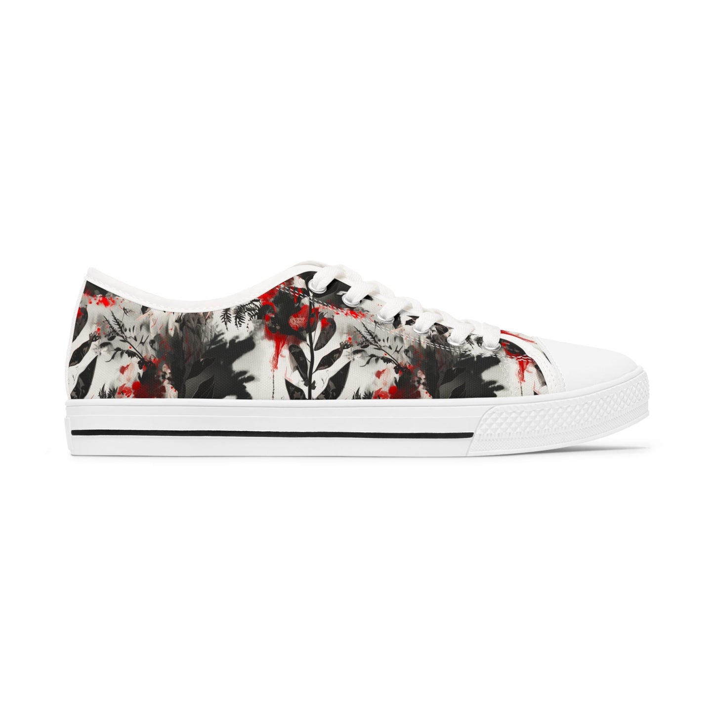 Floral Ink-Blend Low Top Sneakers — Artistic Black & Red Canvas Shoes