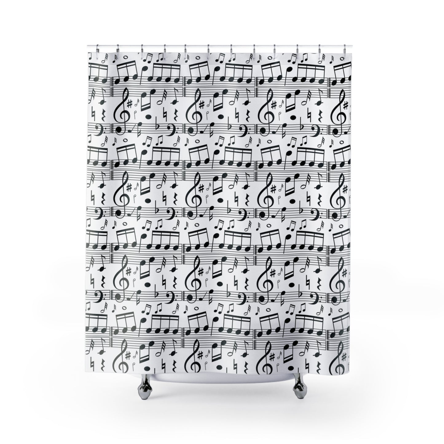Music Notes Shower Curtain — Black & White Musical Score Bathroom Decor