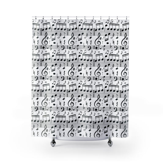 Music Notes Shower Curtain — Black & White Musical Score Bathroom Decor