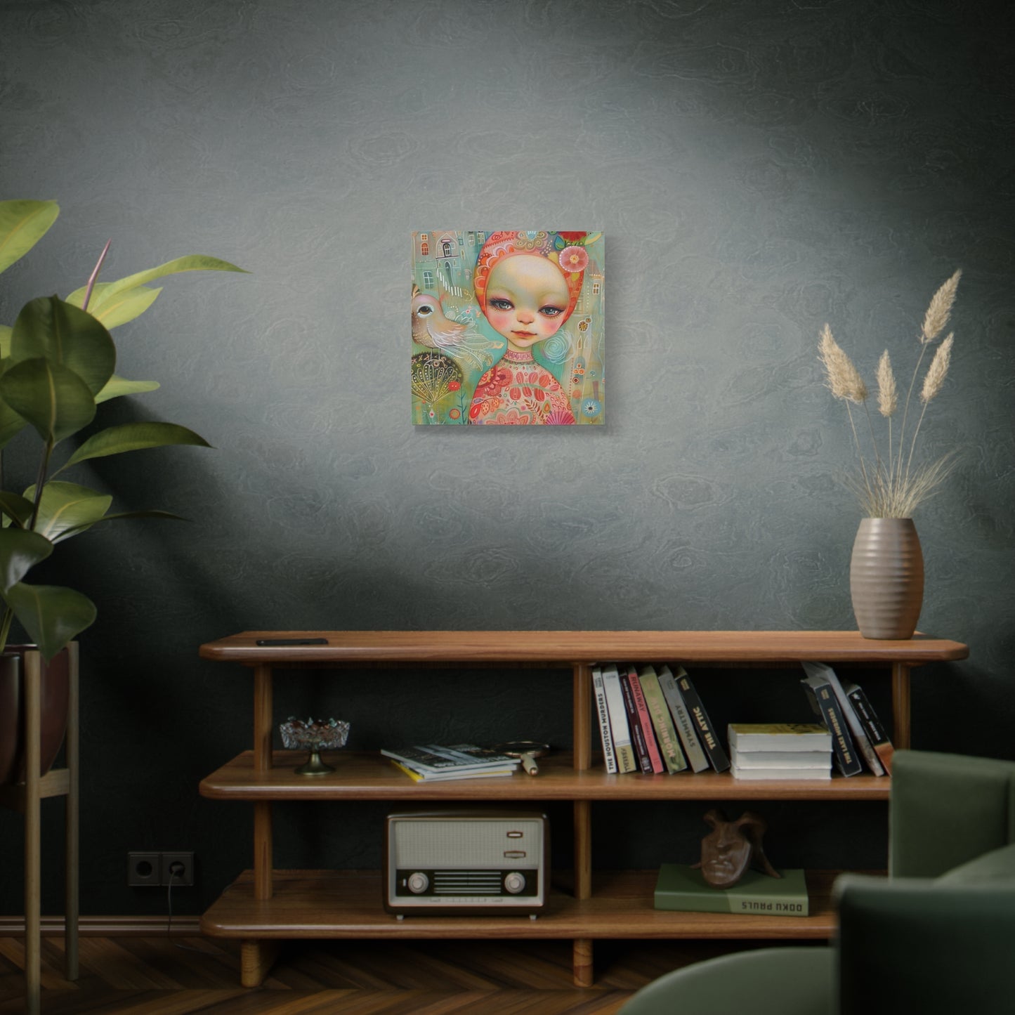 Whimsical Girl & Bird Matte Canvas Wall Art — Stretched Decorative Painting