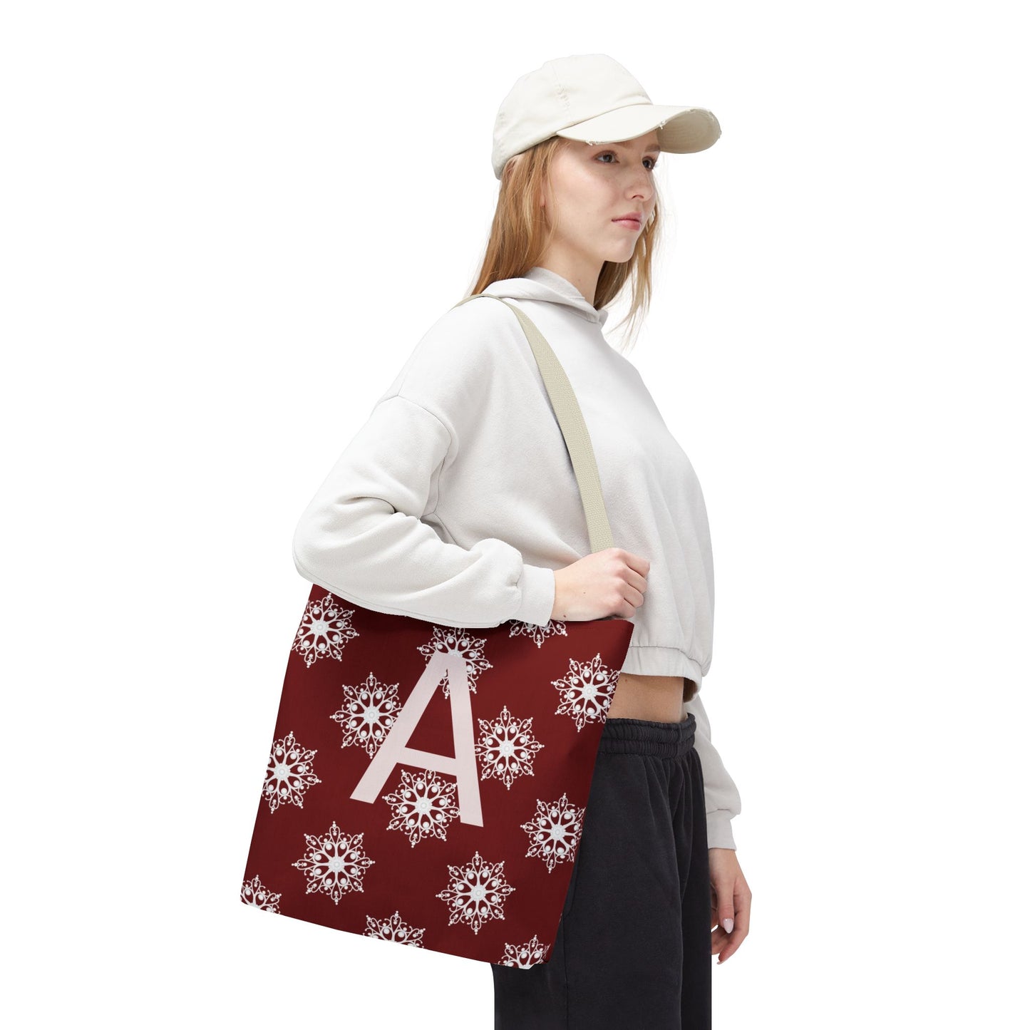 Monogram A Snowflake Tote Bag — Personalized Holiday AOP Tote