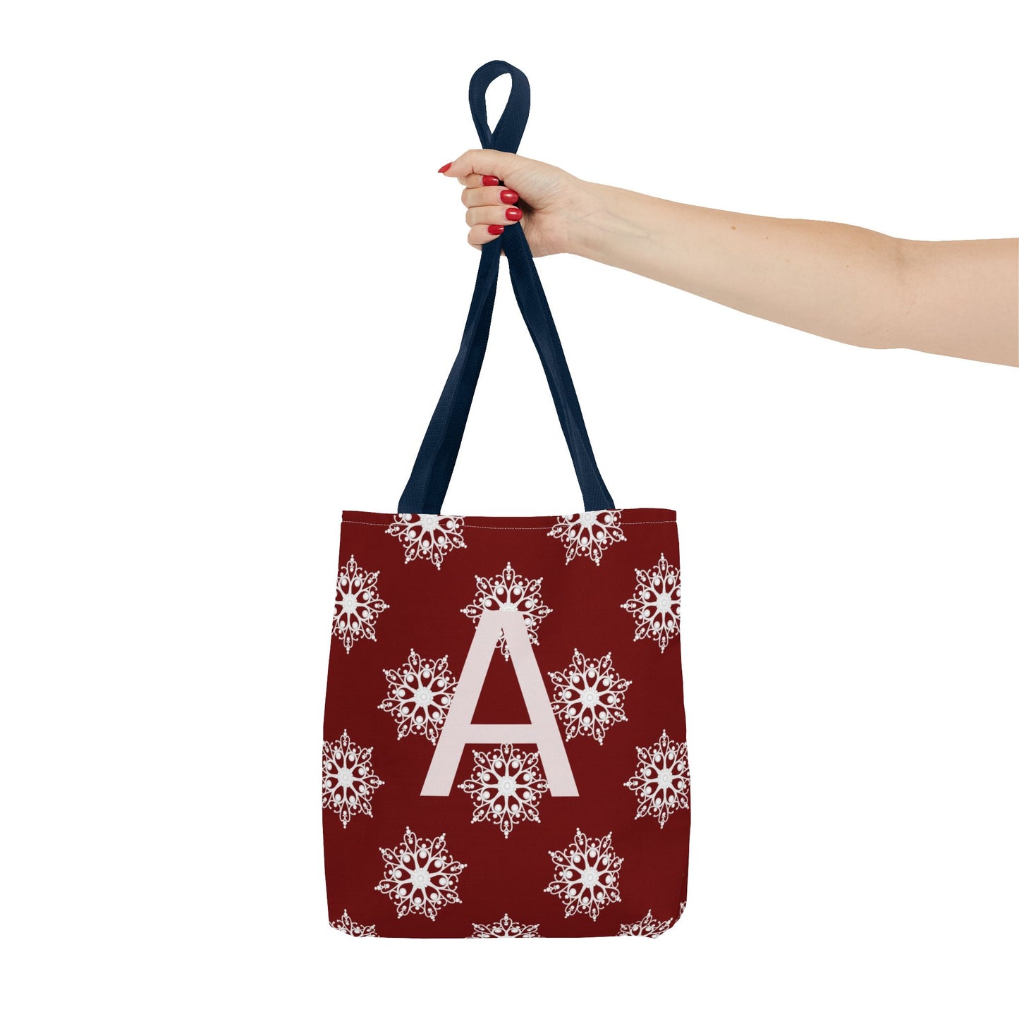 Monogram A Snowflake Tote Bag — Personalized Holiday AOP Tote