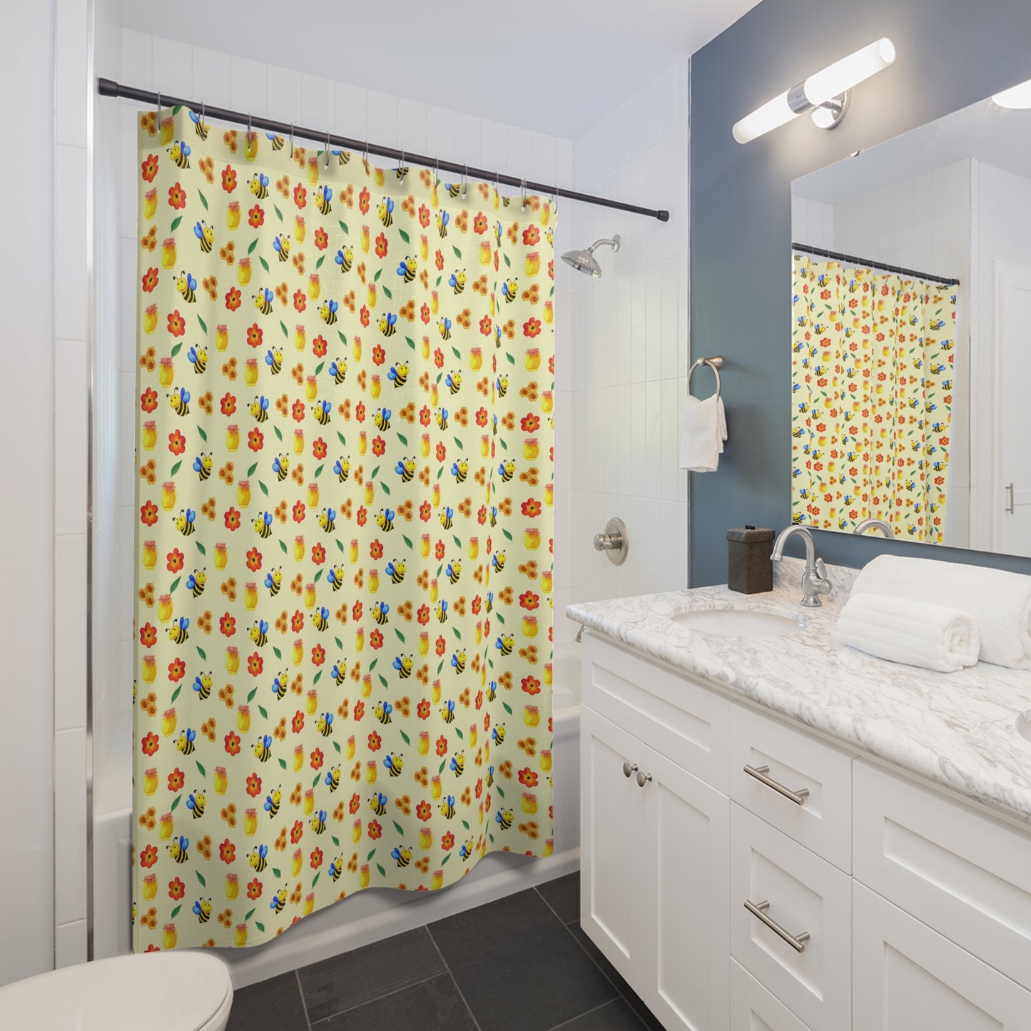 Whimsical Bee & Flower Shower Curtains, Cheerful Bathroom Decor