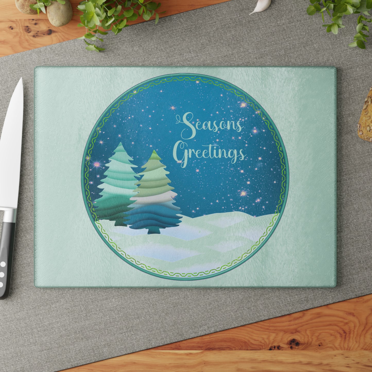 Seasons Greetings Glass Cutting Board – Festive Winter Trees Holiday Kitchen Decor