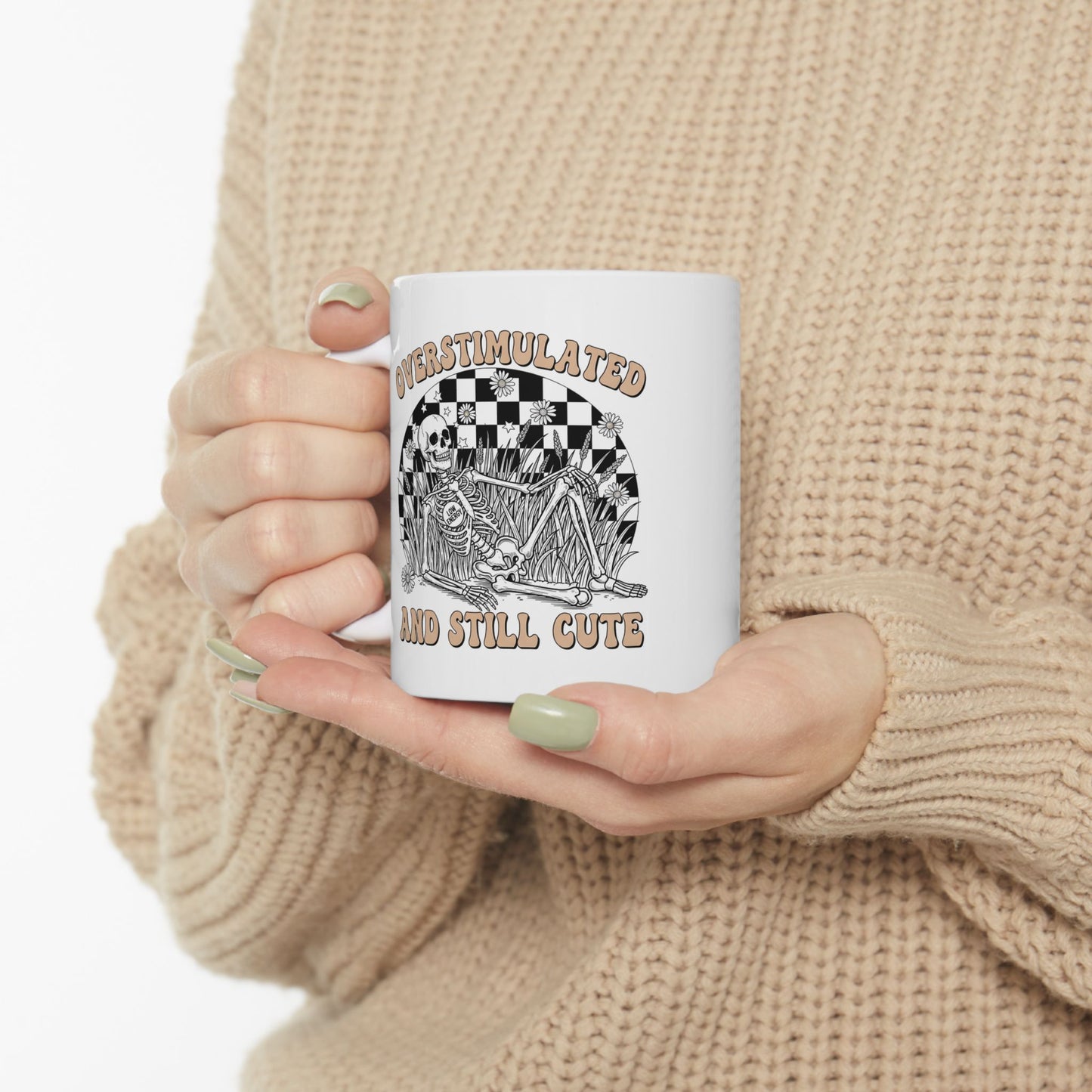 Ceramic Mug — “Overstimulated and Still Cute” Retro Checker Skull Coffee Cup (11oz & 15oz)