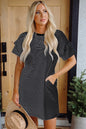 Black Stripe Ruffled Short Sleeve Crew Neck T Shirt Shift Mini Dress