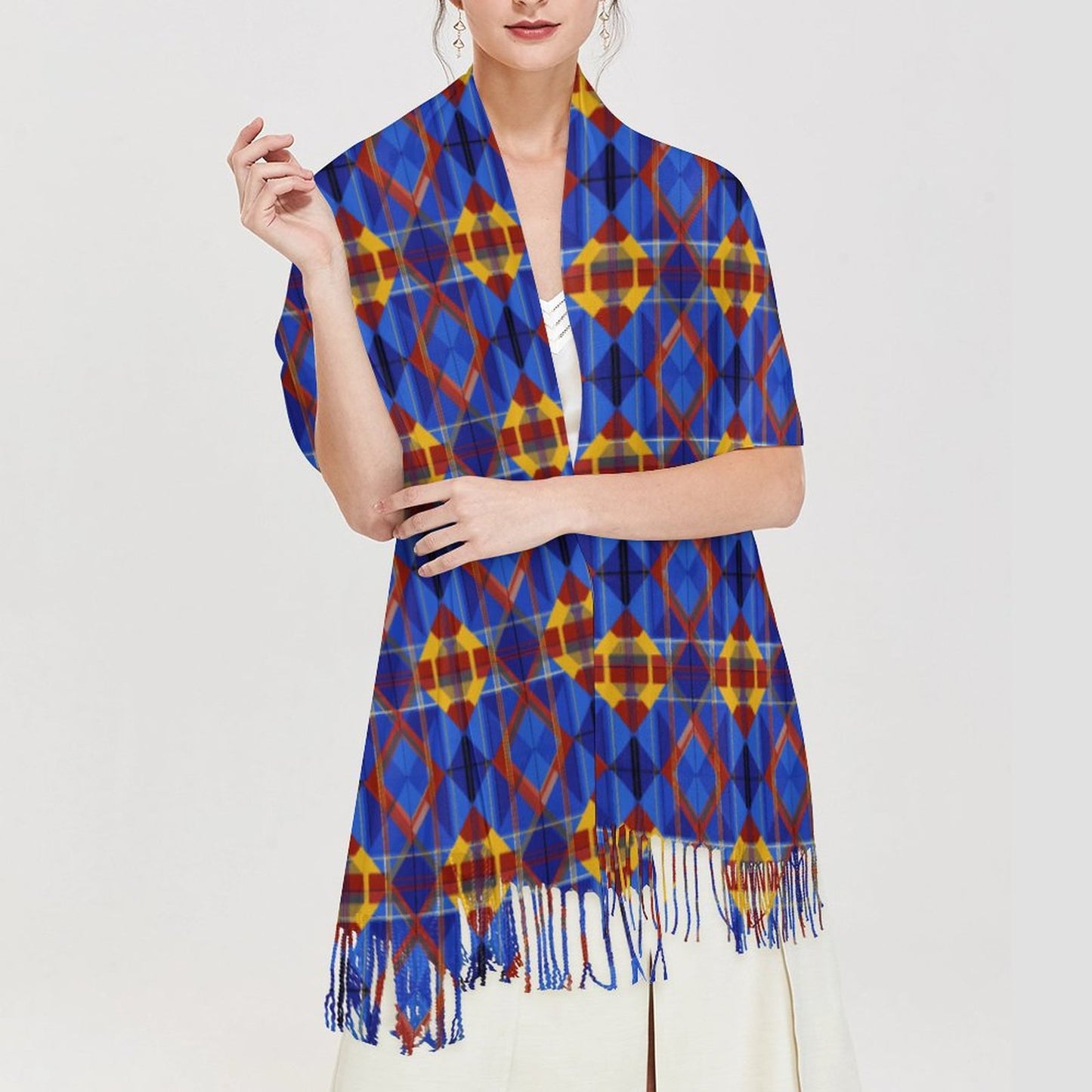 Cashmere-like Tassel Scarf Blue Plaid