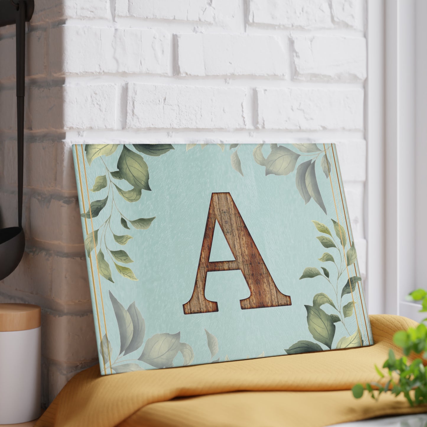 Monogram Glass Cutting Board – Rustic Wood Letter A with Botanical Leaves (Personalized Kitchen Gift)