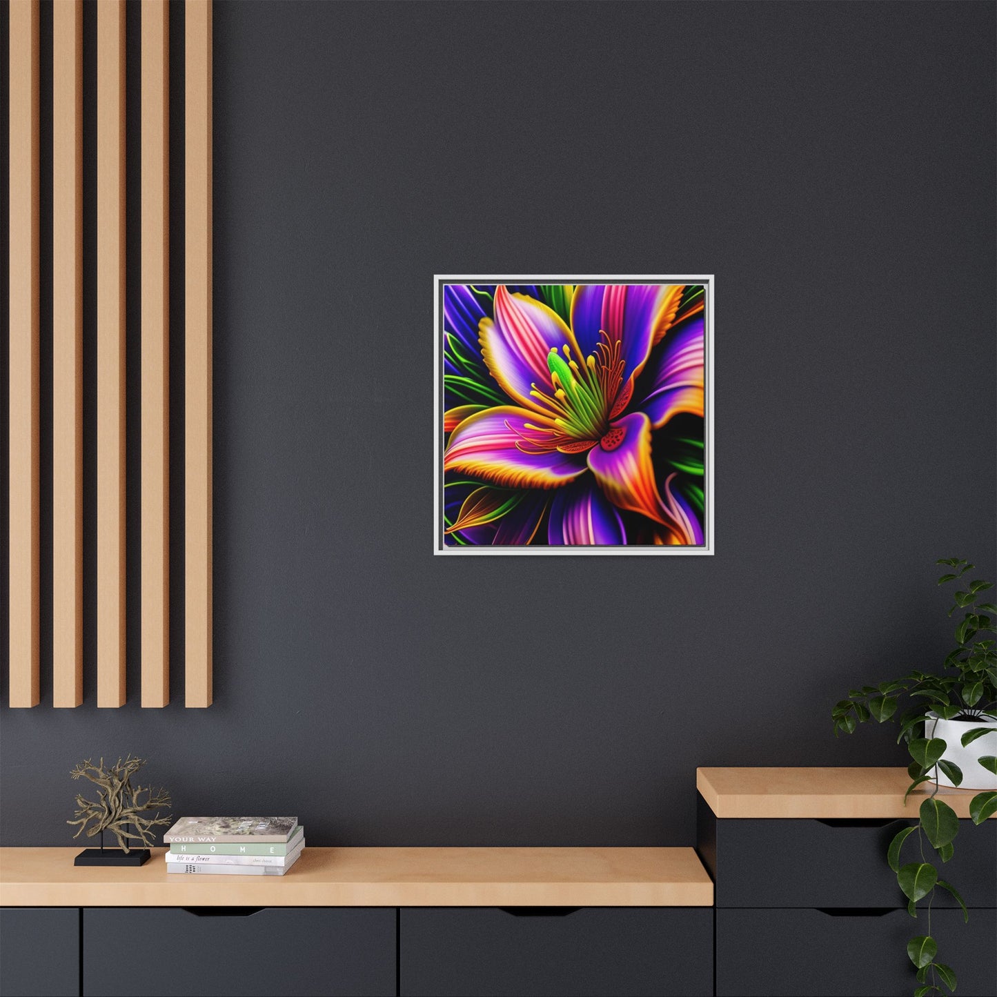 Vibrant Neon Floral Matte Canvas Print — Framed Wall Art