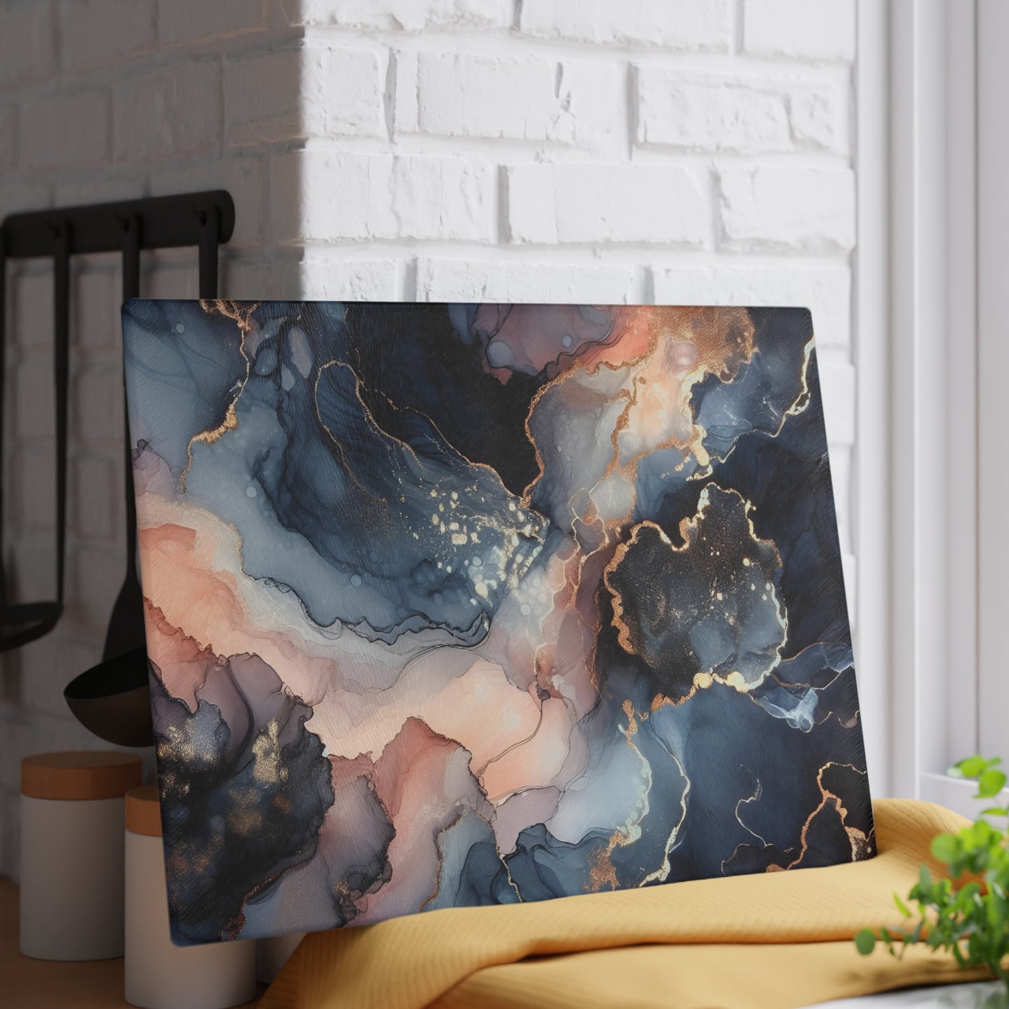 Tempera Marble Glass Cutting Board — Elegant Blue, Pink & Gold Kitchen Decor